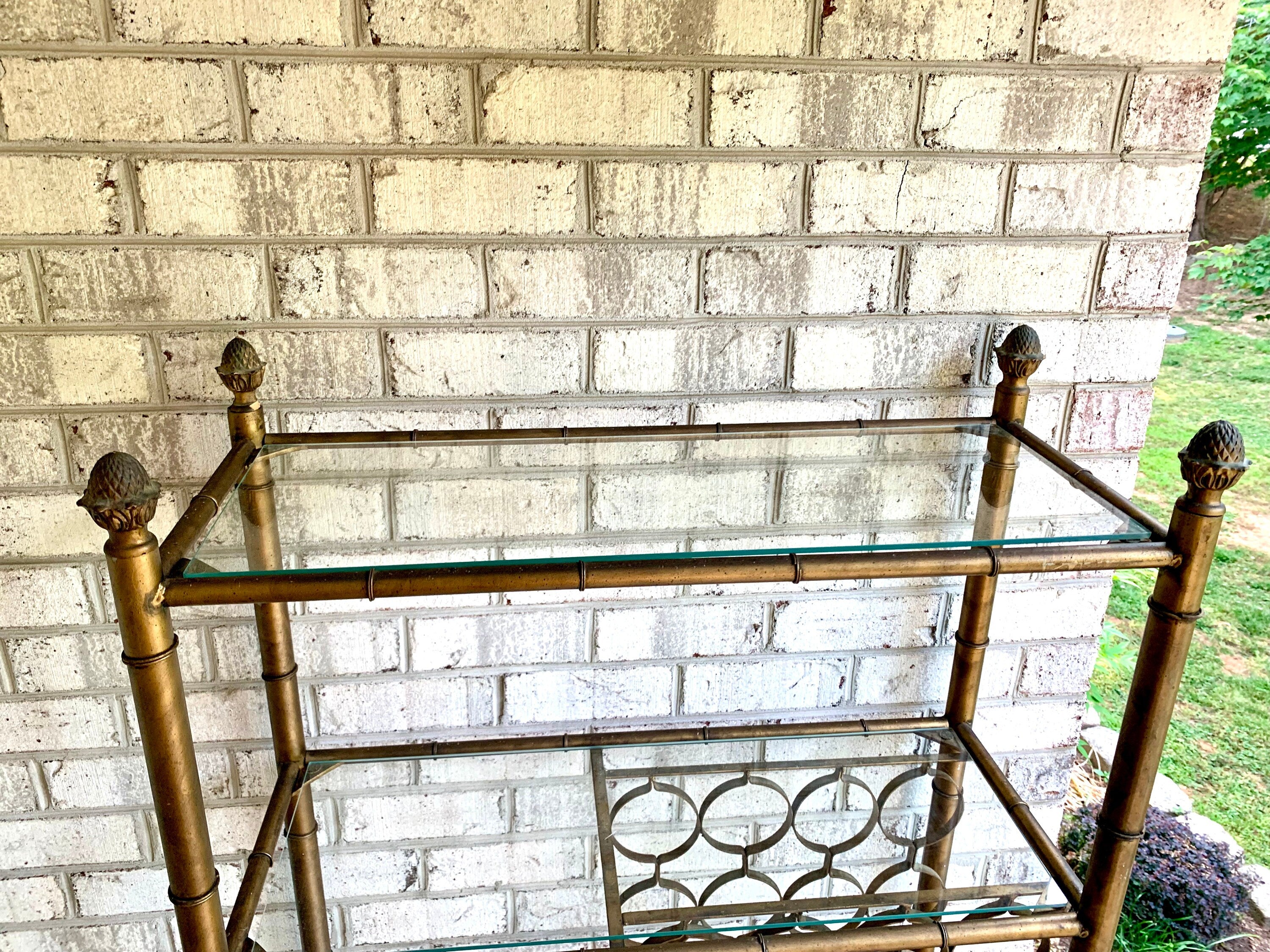 Faux Bamboo Metal Shelving Unit | Faux Bamboo Etagere With Acorn Finials| Gold MCM Shelving and Wine Rack | MCM Metal & Glass Shelf