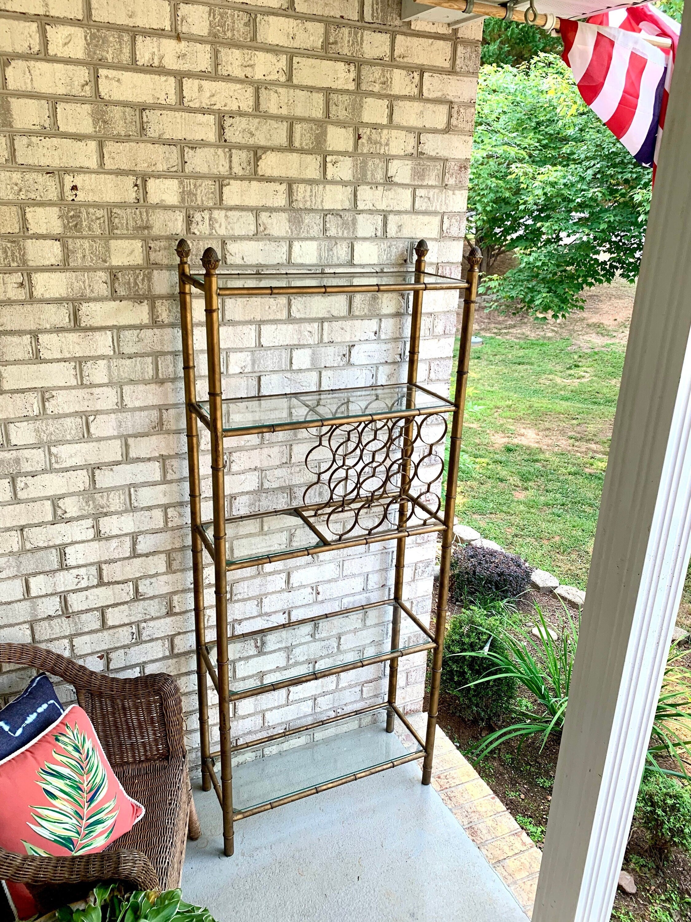 Faux Bamboo Metal Shelving Unit | Faux Bamboo Etagere With Acorn Finials| Gold MCM Shelving and Wine Rack | MCM Metal & Glass Shelf