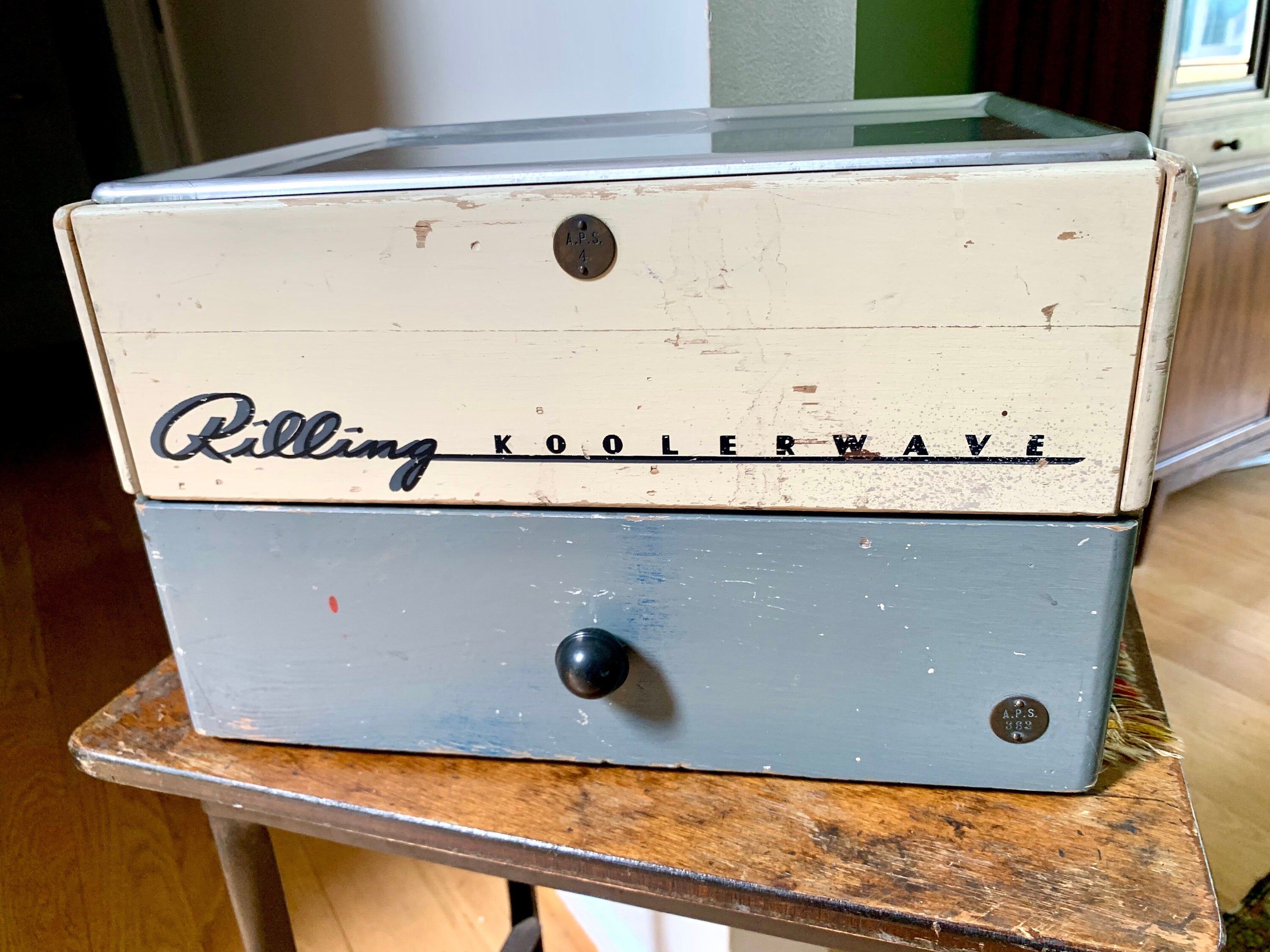 1940's Rilling Koolerwave Wood Salon Box | Vintage Rilling Three Drawer Hair Dressers Box | 1940's Storage Box | Stainless Steel Top Box