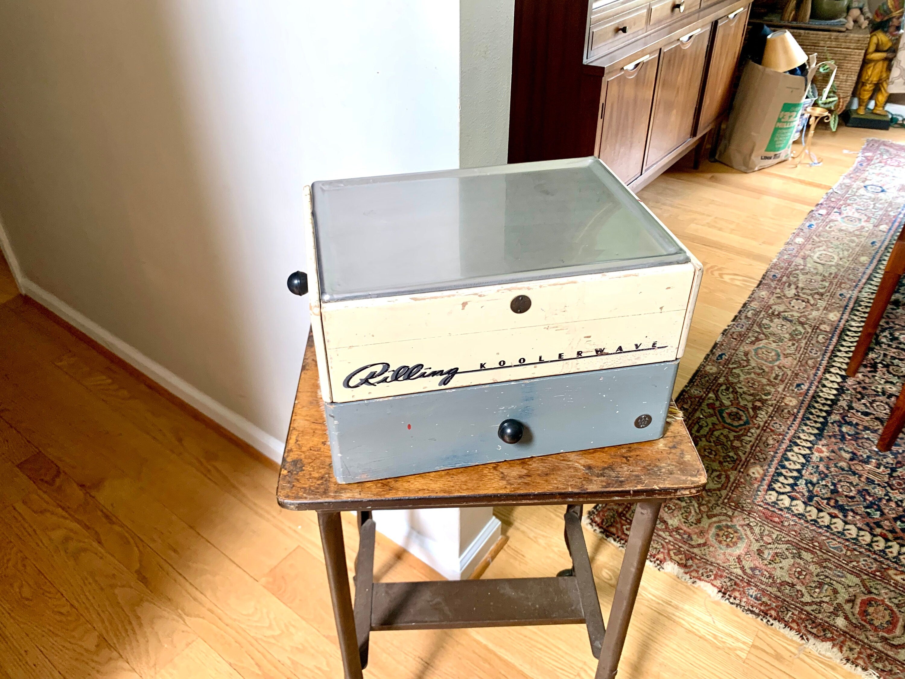 1940's Rilling Koolerwave Wood Salon Box | Vintage Rilling Three Drawer Hair Dressers Box | 1940's Storage Box | Stainless Steel Top Box