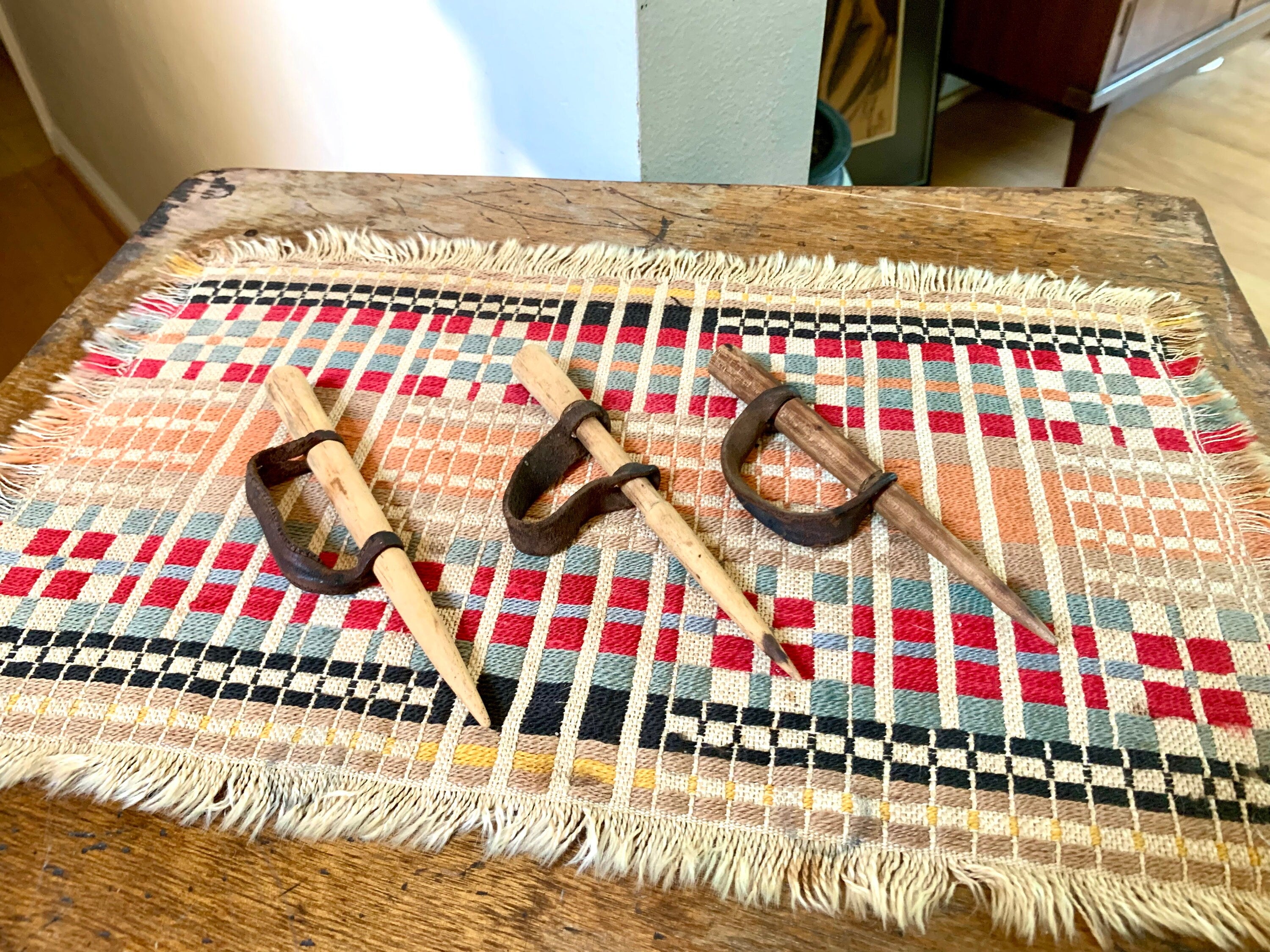 Antique Primitive Wood Corn Husking Pegs | Wood Handheld Corn Huskers with Original Leather Thumb Straps | Tradition Hand Made Corn Huskers