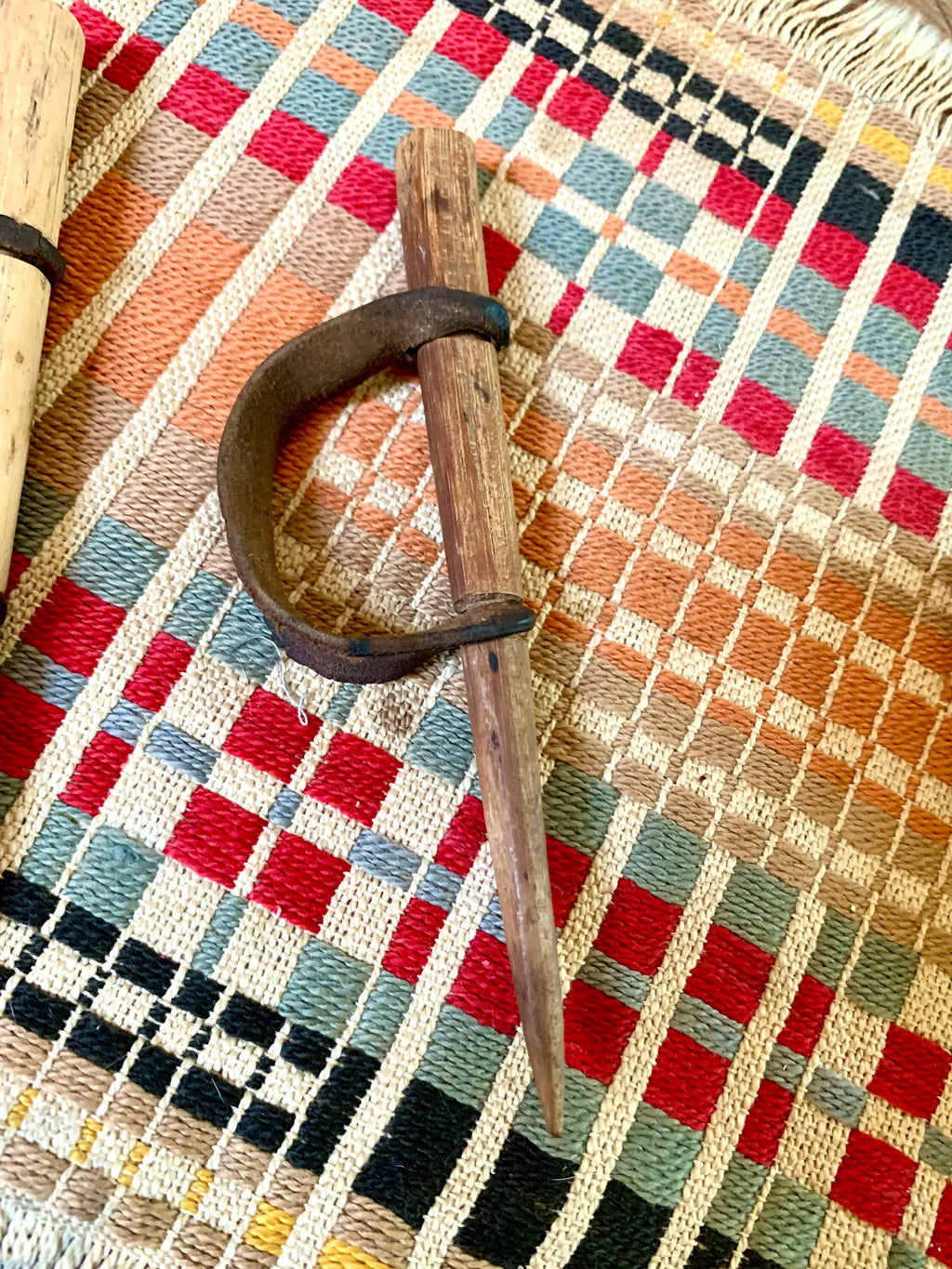 Antique Primitive Wood Corn Husking Pegs | Wood Handheld Corn Huskers with Original Leather Thumb Straps | Tradition Hand Made Corn Huskers