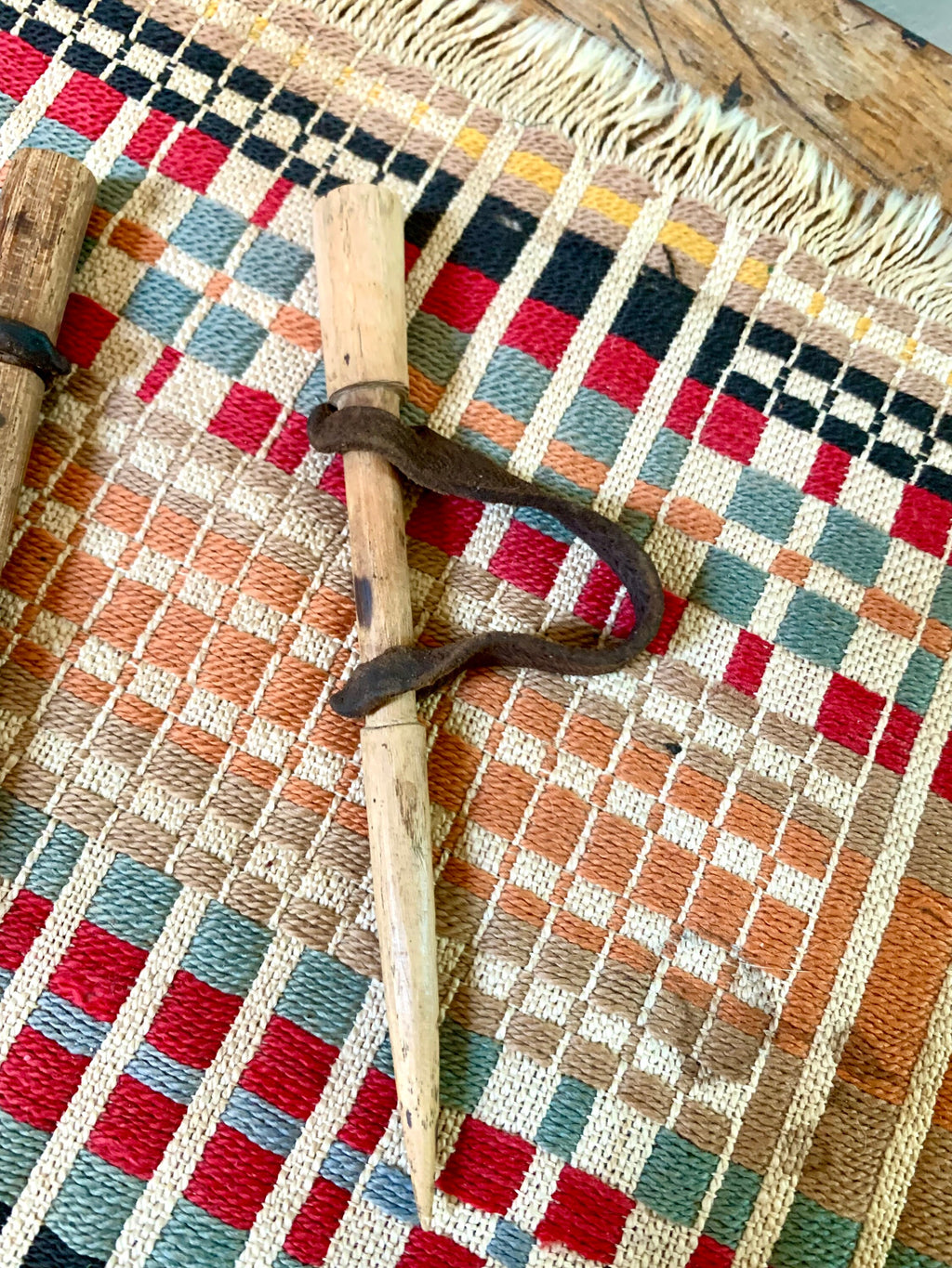 Antique Primitive Wood Corn Husking Pegs | Wood Handheld Corn Huskers with Original Leather Thumb Straps | Tradition Hand Made Corn Huskers