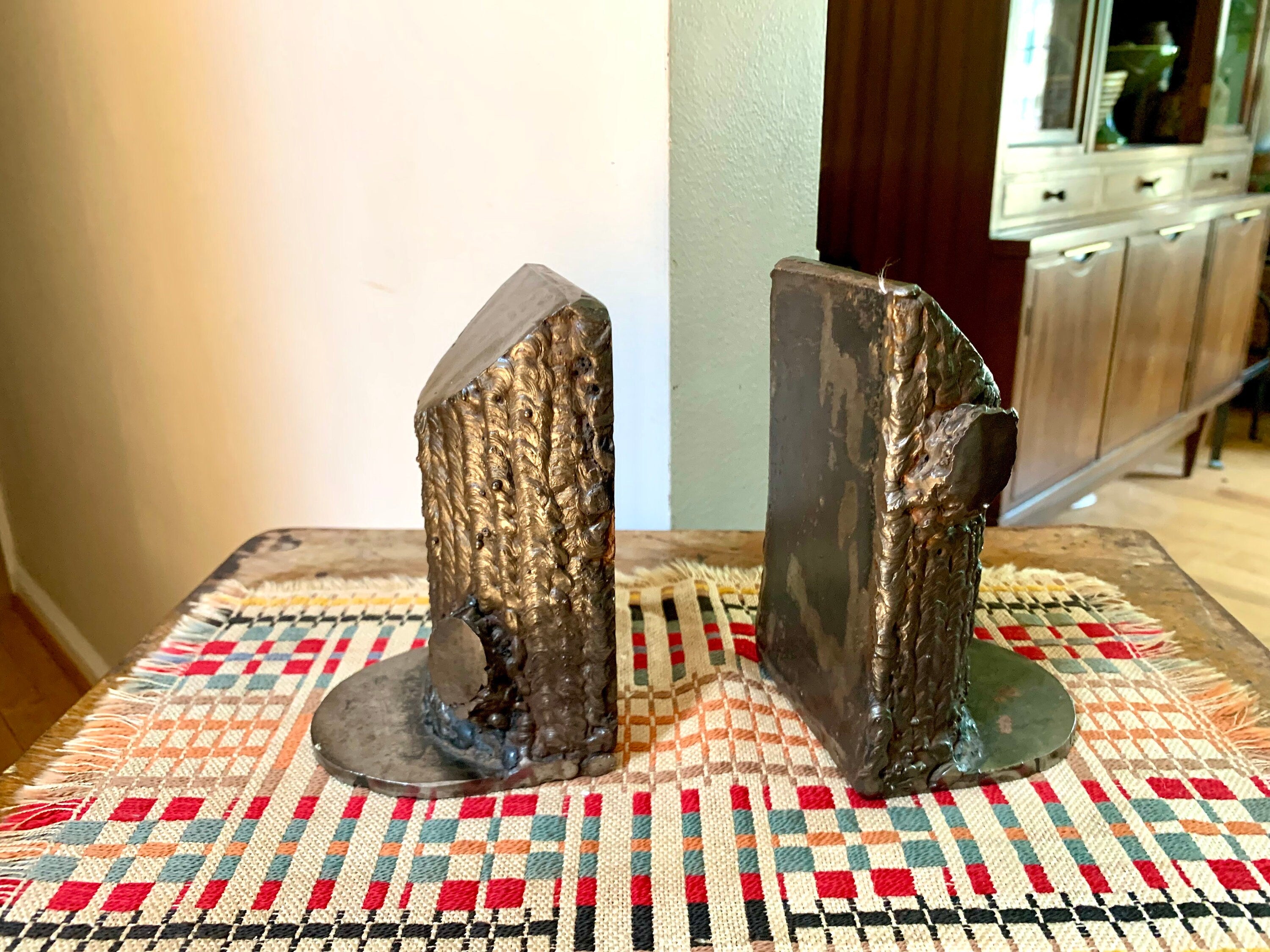 Metal Handmade Tree Trunk Bookends | Vintage Welded Metal Tree Trunk Bookends | Metal Tree Trunk Door Stops | Folk Art Tree Bookends