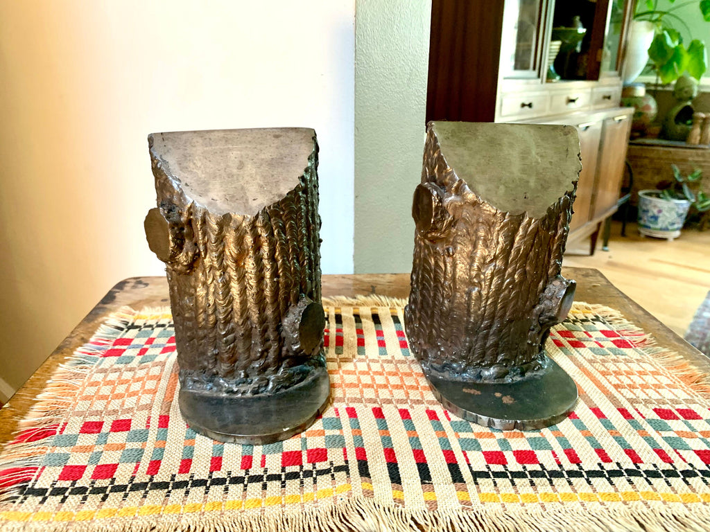 Metal Handmade Tree Trunk Bookends | Vintage Welded Metal Tree Trunk Bookends | Metal Tree Trunk Door Stops | Folk Art Tree Bookends