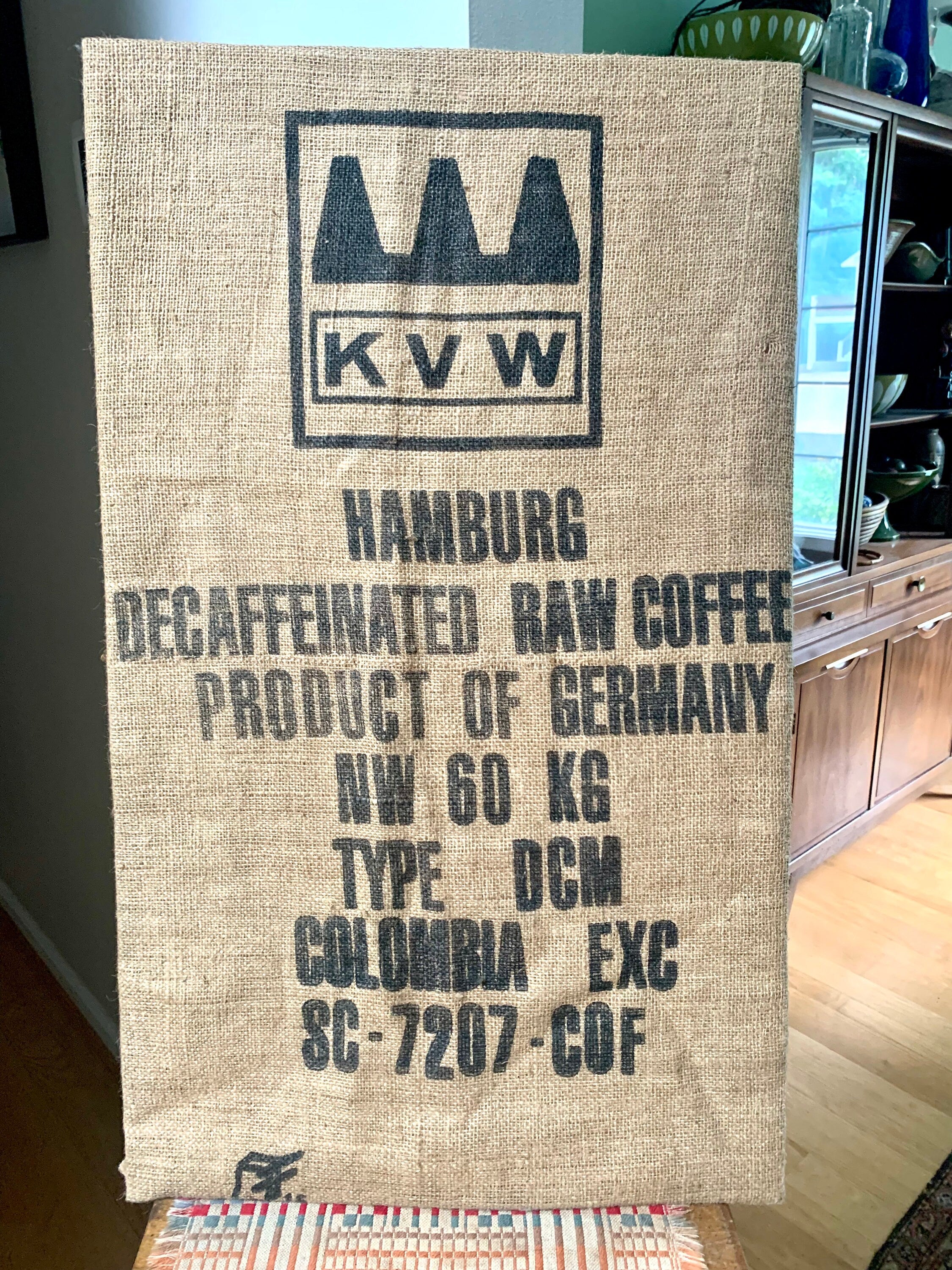 KVW Coffee Bean Burlap Sack | Vintage Product of Germany Coffee Sack | Cafe Decor | KVW Hamburg Coffee Bean Burlap Sack | Cafe Wall Art