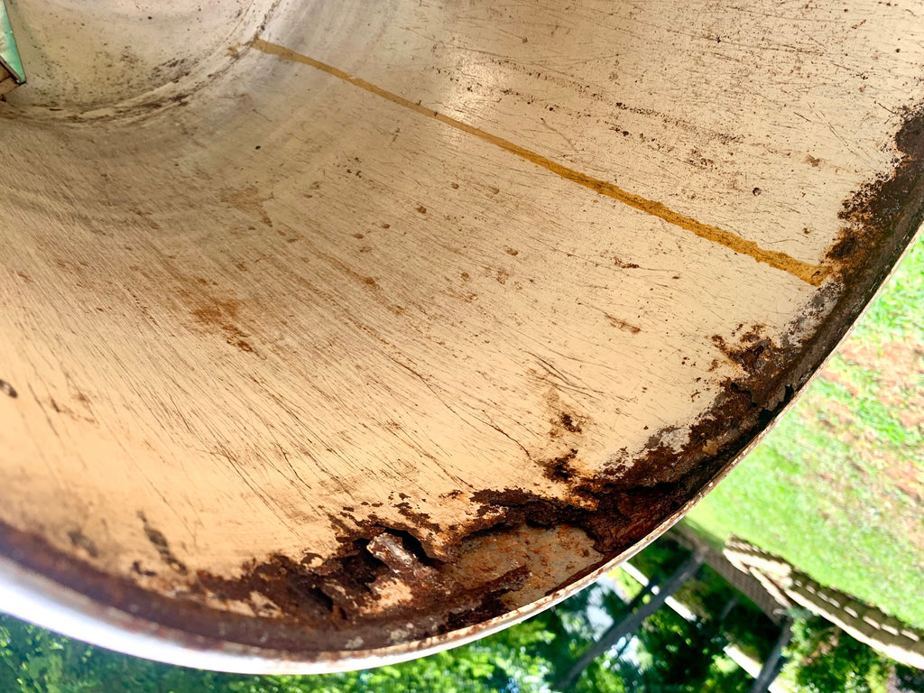 1950's Metal Bullet Trash Can | Vintage Distressed MCM Trash Can | Rustic Torpedo Trash Can | Cone Dome Trash Can | Dome Top Industrial Can