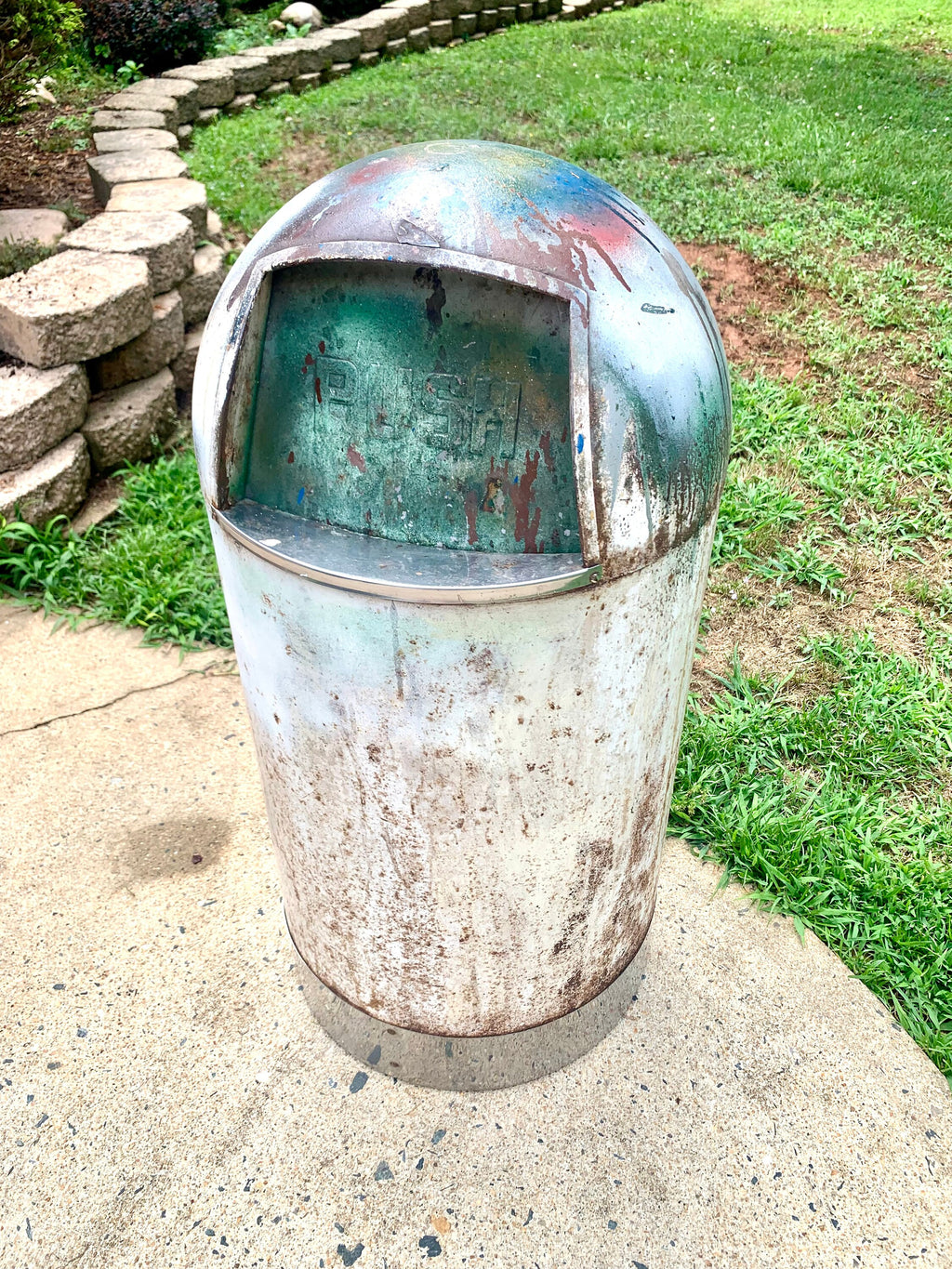 1950's Metal Bullet Trash Can | Vintage Distressed MCM Trash Can | Rustic Torpedo Trash Can | Cone Dome Trash Can | Dome Top Industrial Can