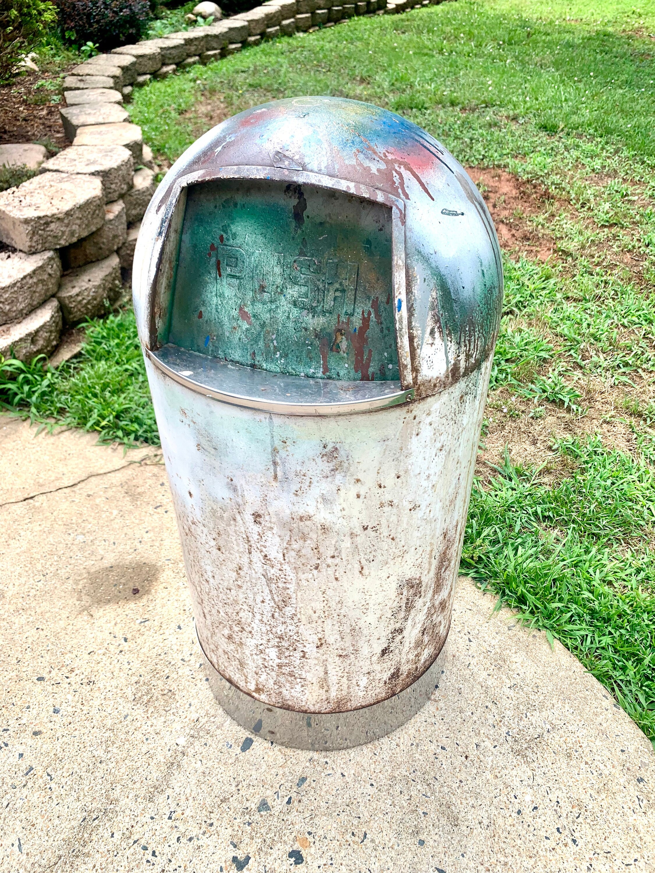 1950's Metal Bullet Trash Can | Vintage Distressed MCM Trash Can | Rustic Torpedo Trash Can | Cone Dome Trash Can | Dome Top Industrial Can