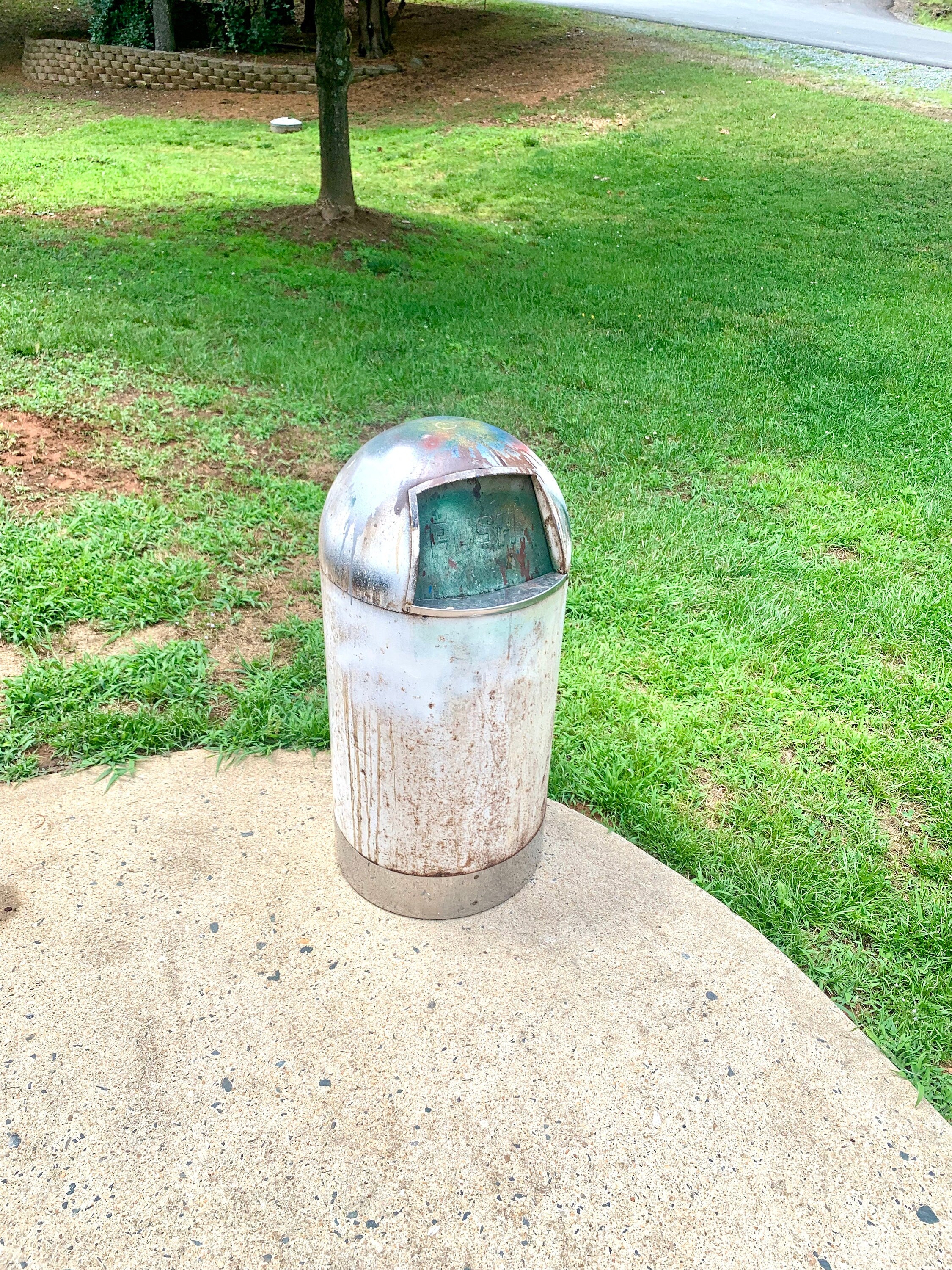 1950's Metal Bullet Trash Can | Vintage Distressed MCM Trash Can | Rustic Torpedo Trash Can | Cone Dome Trash Can | Dome Top Industrial Can