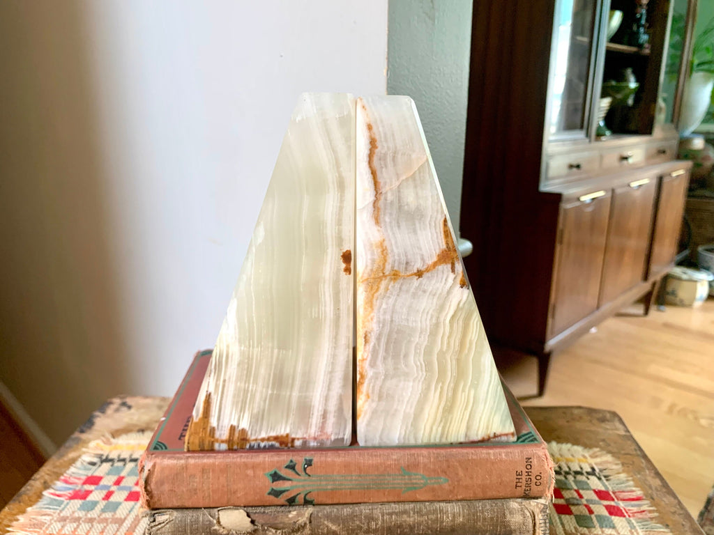 Raw Marble Bookends | Vintage Large Marble Bookends | Wedge Onyx Bookends | 6" Tan Onyx MCM Bookends | Modernist Onyx Bookends