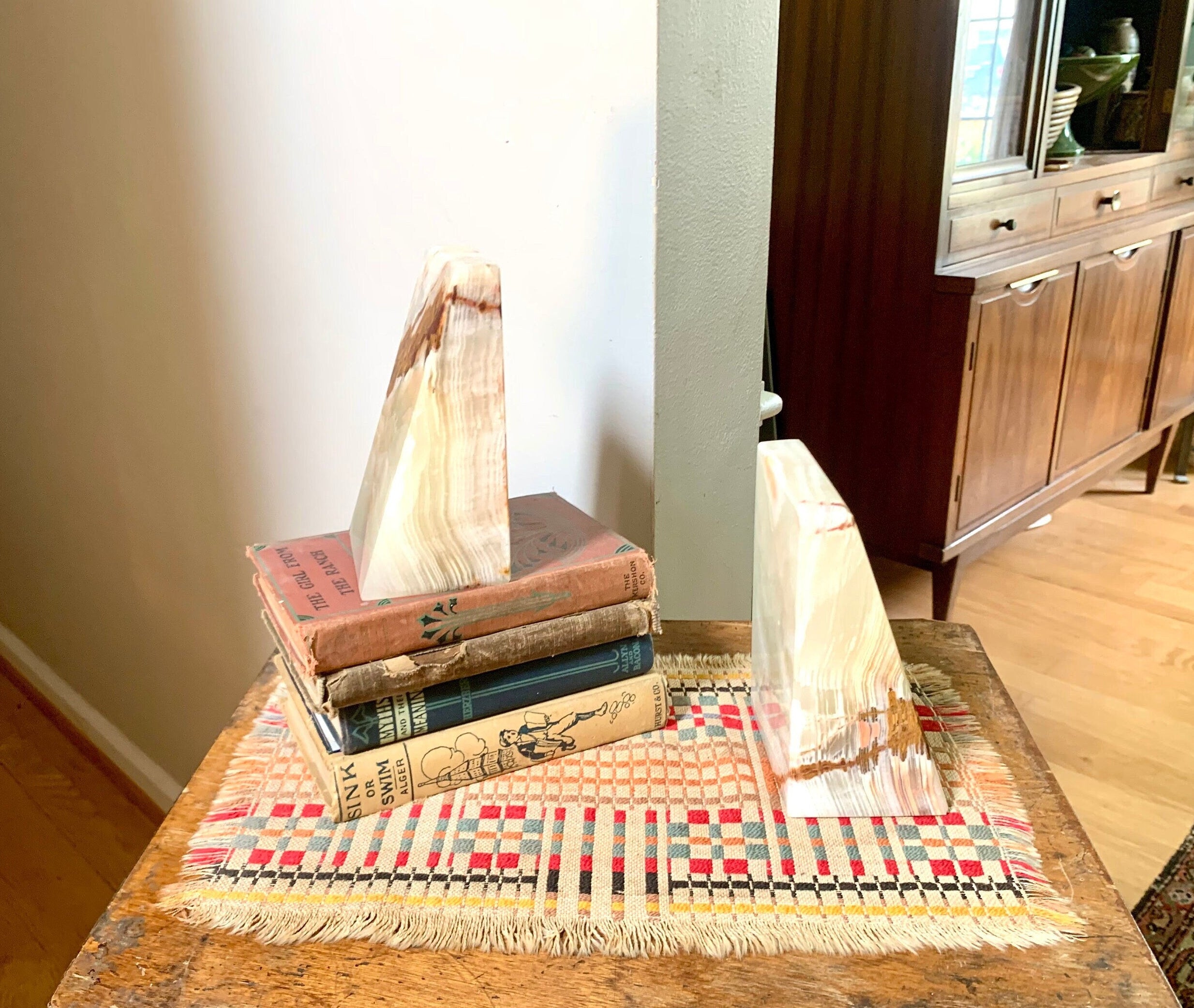 Raw Marble Bookends | Vintage Large Marble Bookends | Wedge Onyx Bookends | 6" Tan Onyx MCM Bookends | Modernist Onyx Bookends