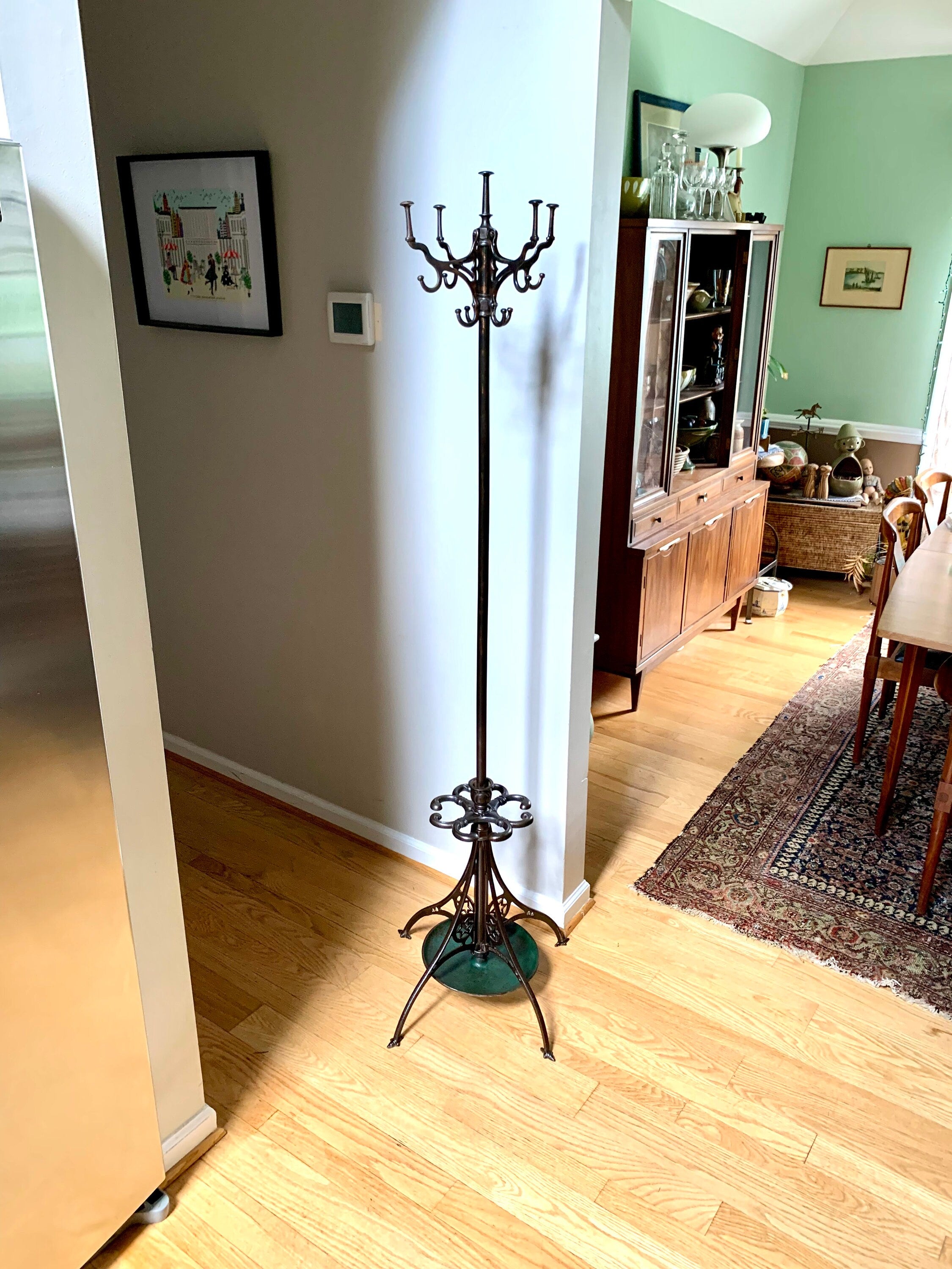 Antique Japanned Metal Hall Tree | Ornate Metal Hall Tree | Metal Barbershop Hall Tree | Unbreakable Hall Tree| Metal Coat and Umbrella Rack