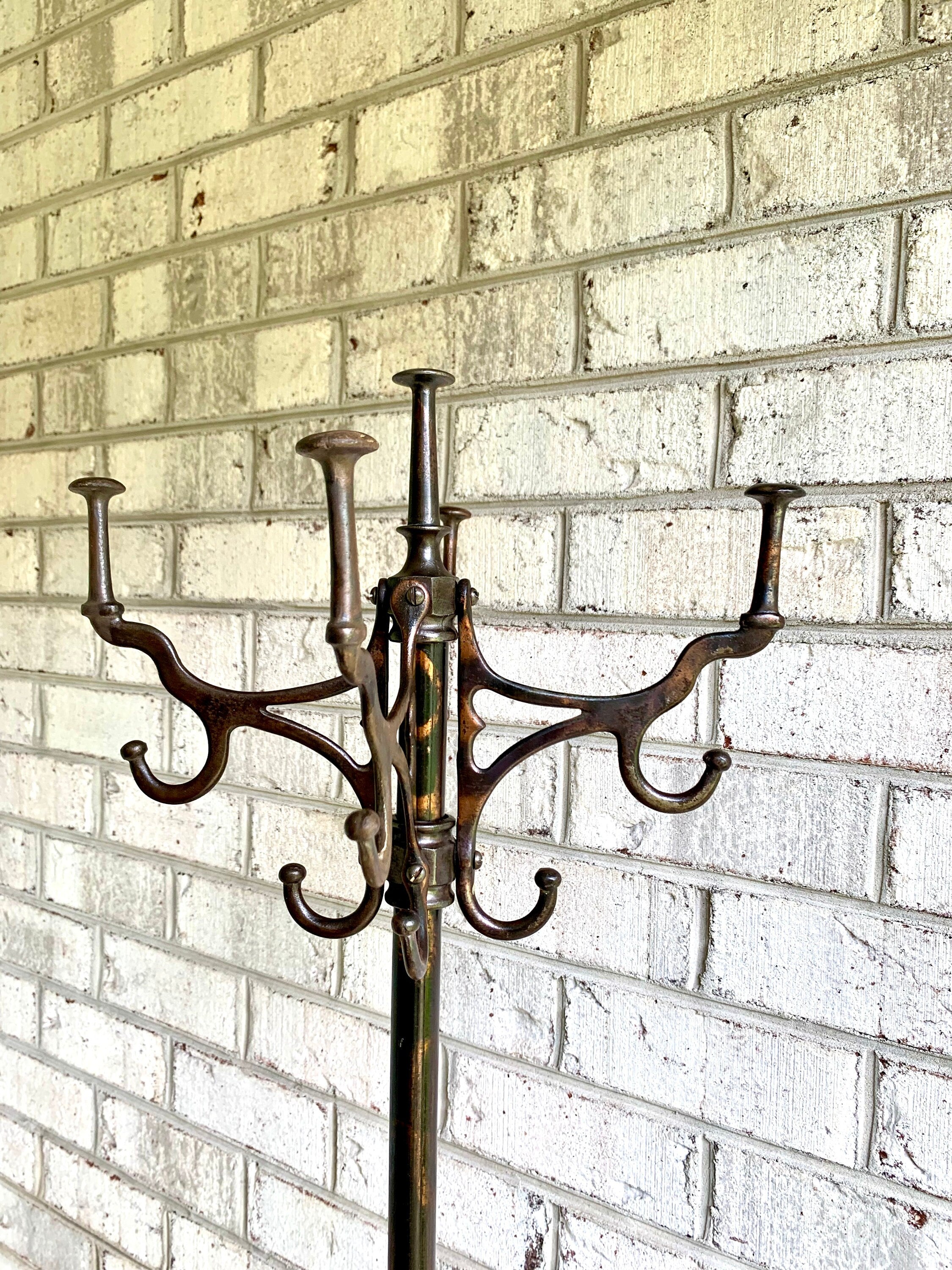 Antique Japanned Metal Hall Tree | Ornate Metal Hall Tree | Metal Barbershop Hall Tree | Unbreakable Hall Tree| Metal Coat and Umbrella Rack