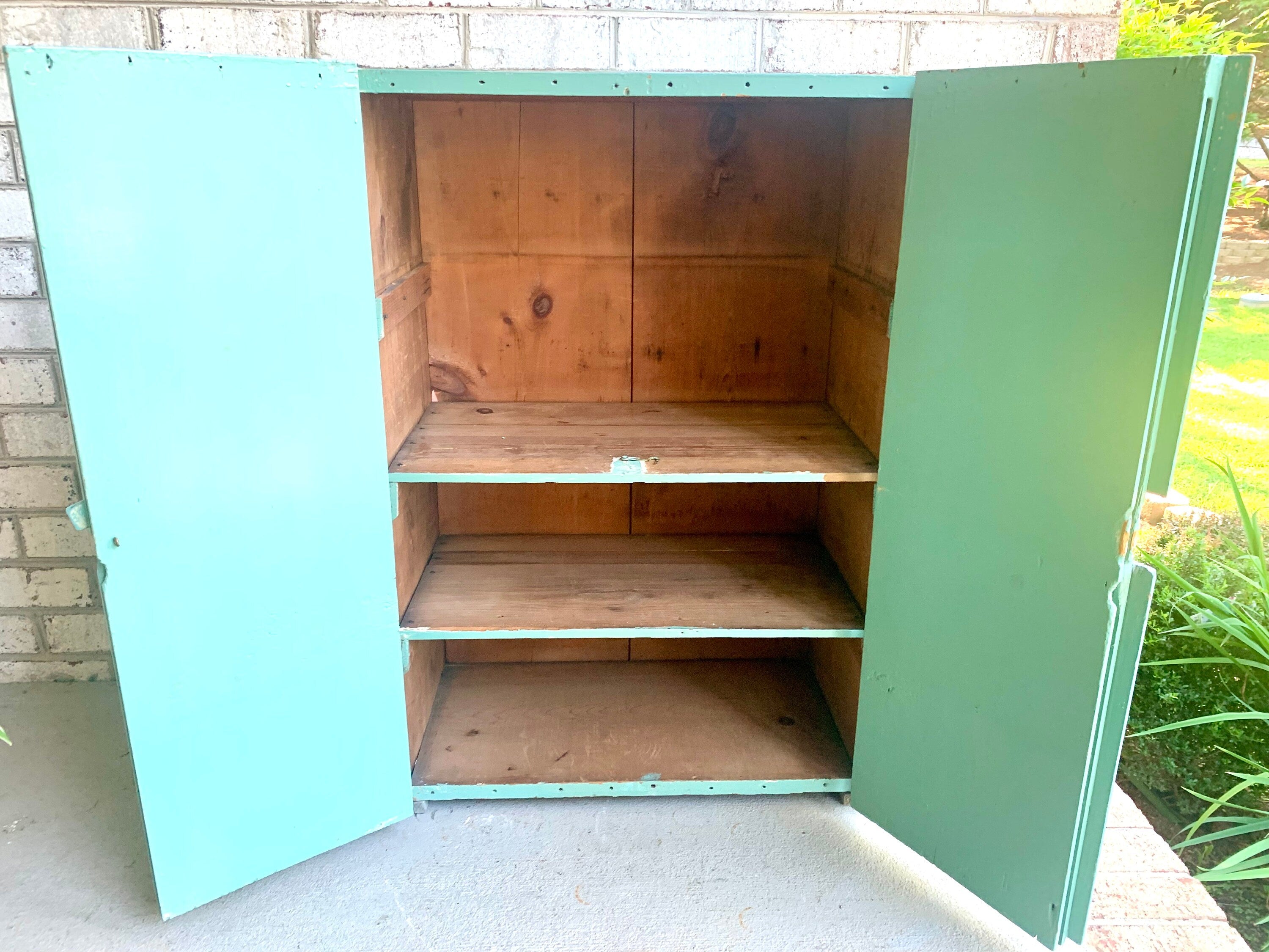 Primitive Wood Jelly Cabinet | Jelly Jar Cupboard | Rustic Turquoise Wood Pie Safe | Distressed Side Board Cabinet | Rustic Liquor Cabinet