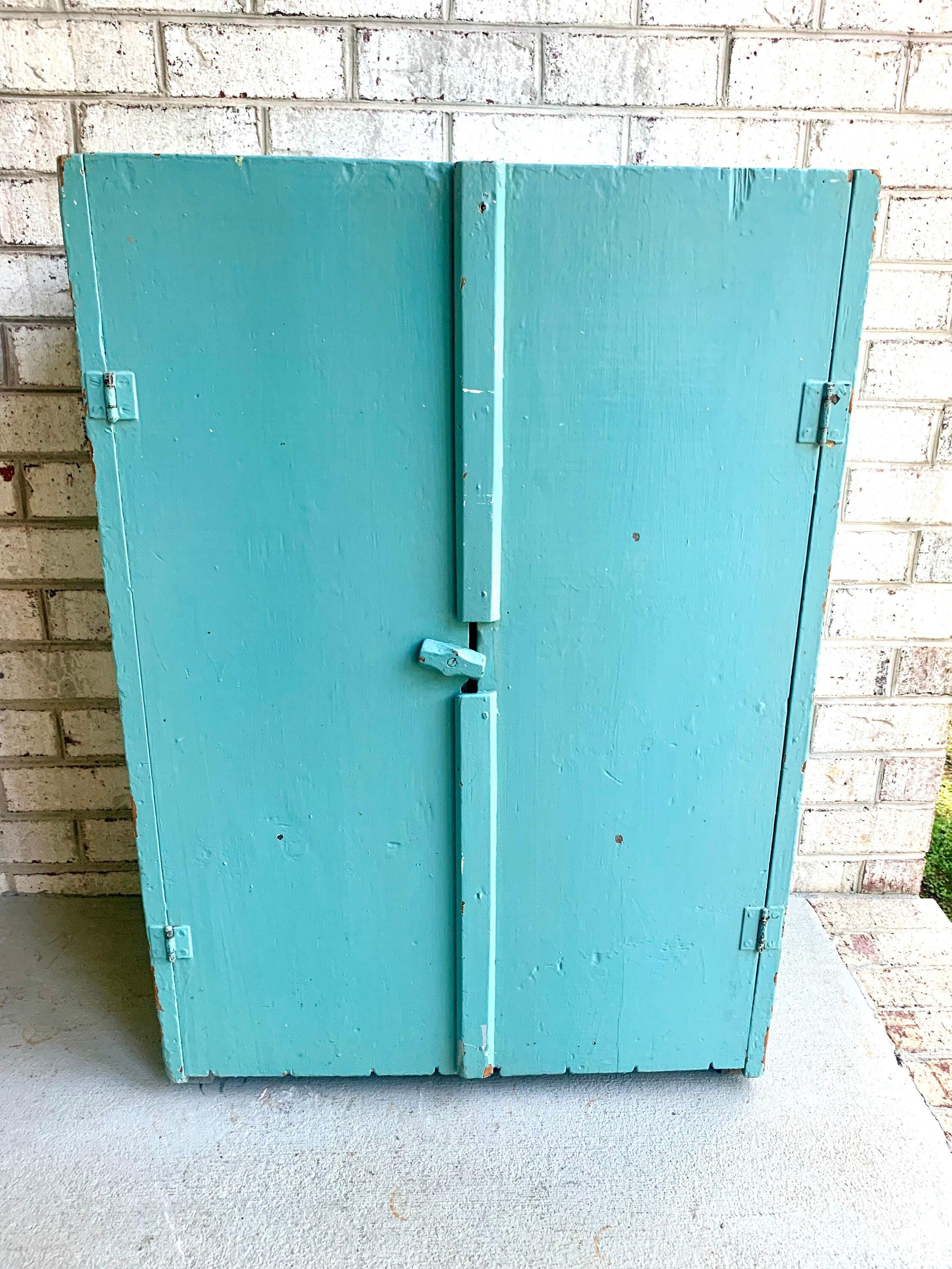 Primitive Wood Jelly Cabinet | Jelly Jar Cupboard | Rustic Turquoise Wood Pie Safe | Distressed Side Board Cabinet | Rustic Liquor Cabinet