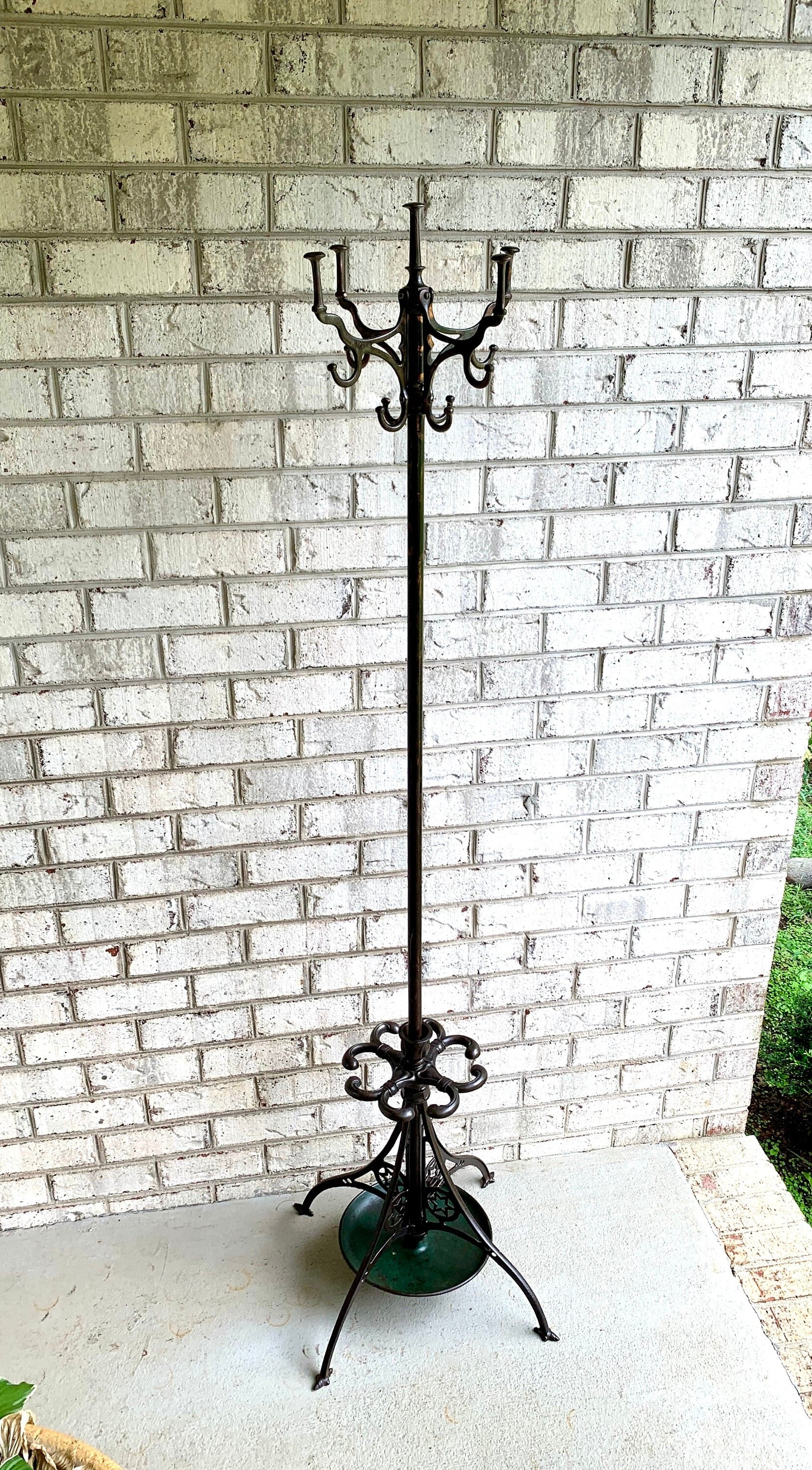 Antique Japanned Metal Hall Tree | Ornate Metal Hall Tree | Metal Barbershop Hall Tree | Unbreakable Hall Tree| Metal Coat and Umbrella Rack