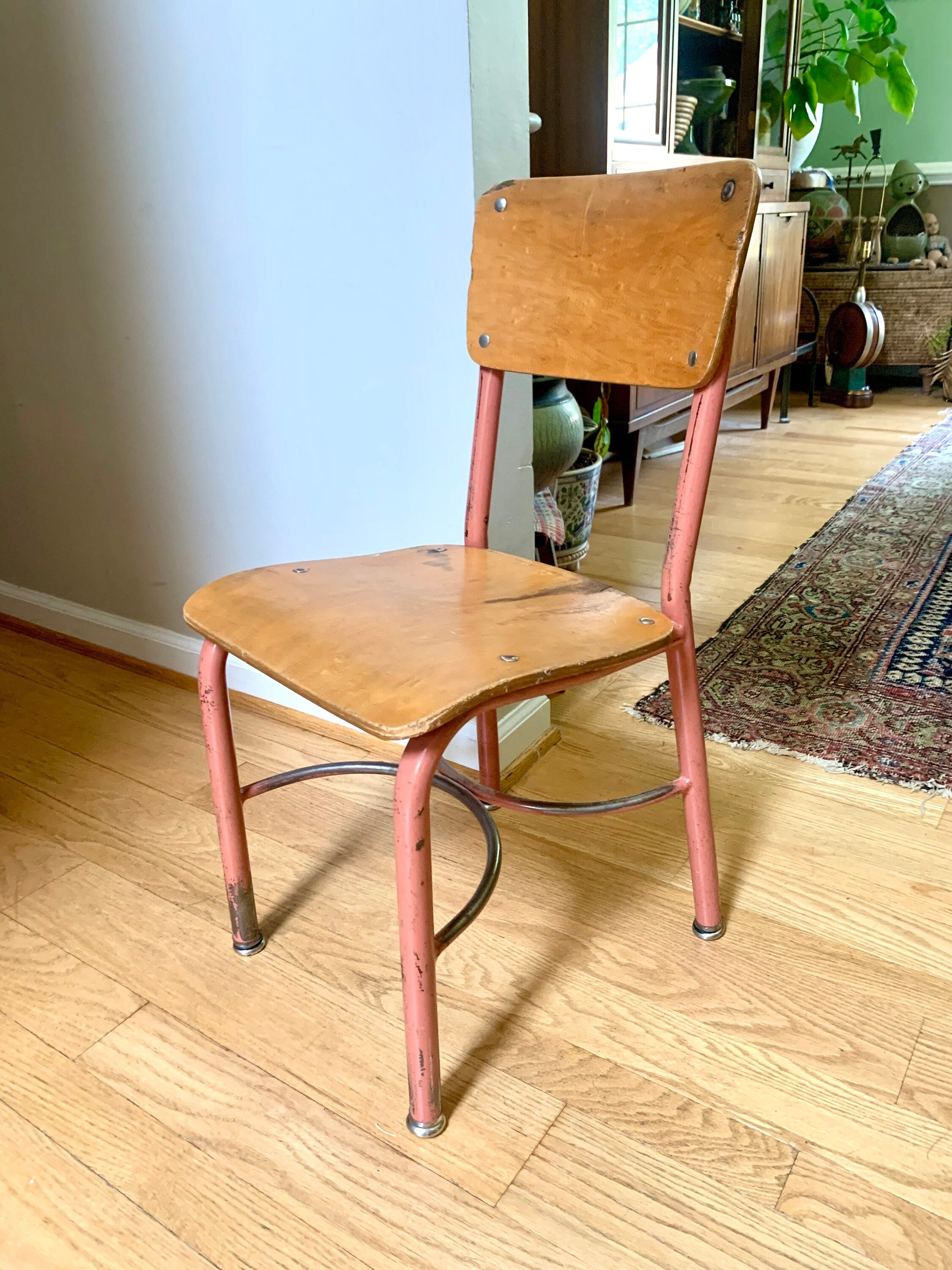 Vtg Heywood Wakefield Chair | Shabby Chic Metal School Chair | Chippy Paint Child's Seat | Pink Kid's Chair| Rustic Industrial Decor