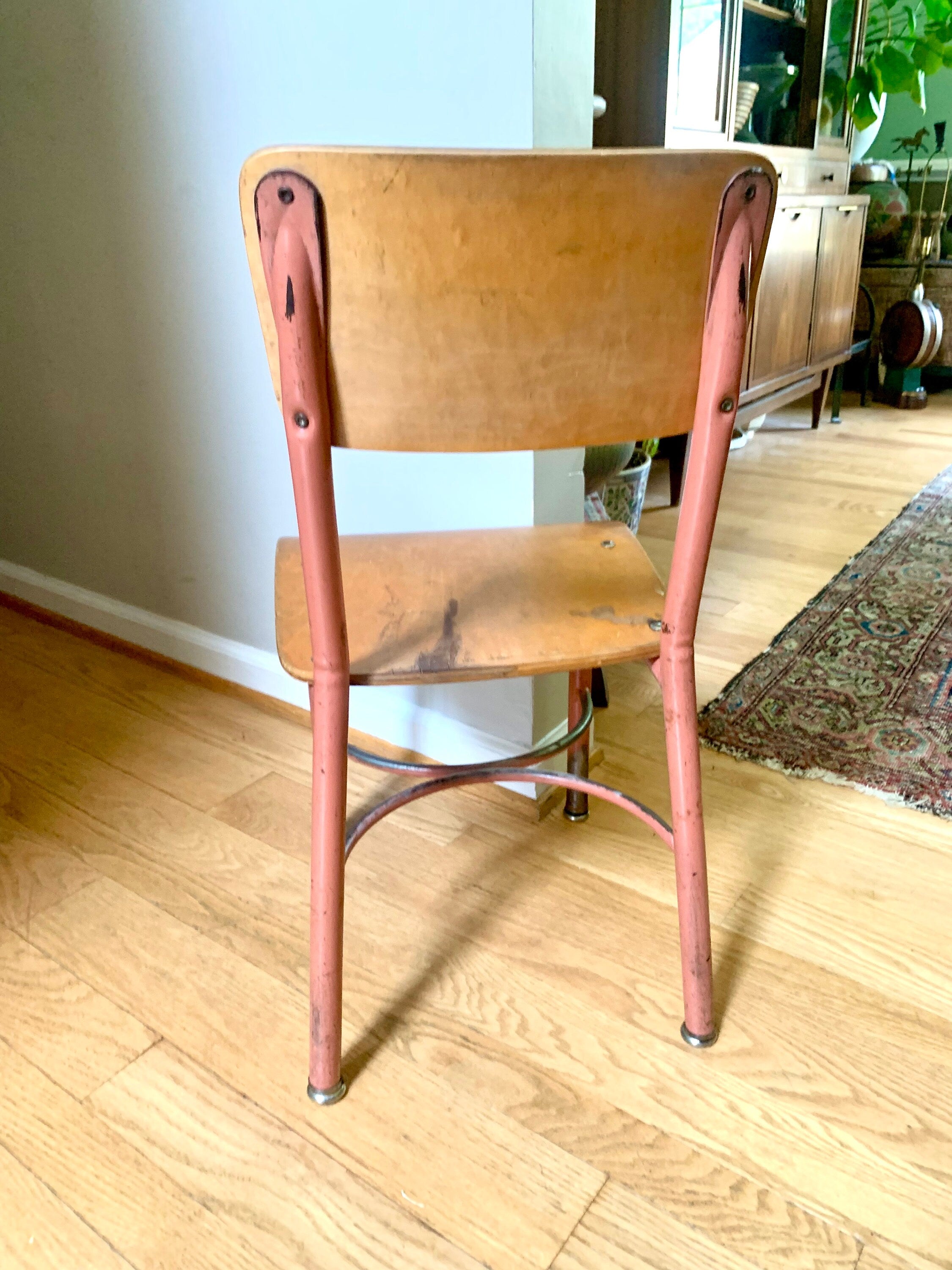 Vtg Heywood Wakefield Chair | Shabby Chic Metal School Chair | Chippy Paint Child's Seat | Pink Kid's Chair| Rustic Industrial Decor