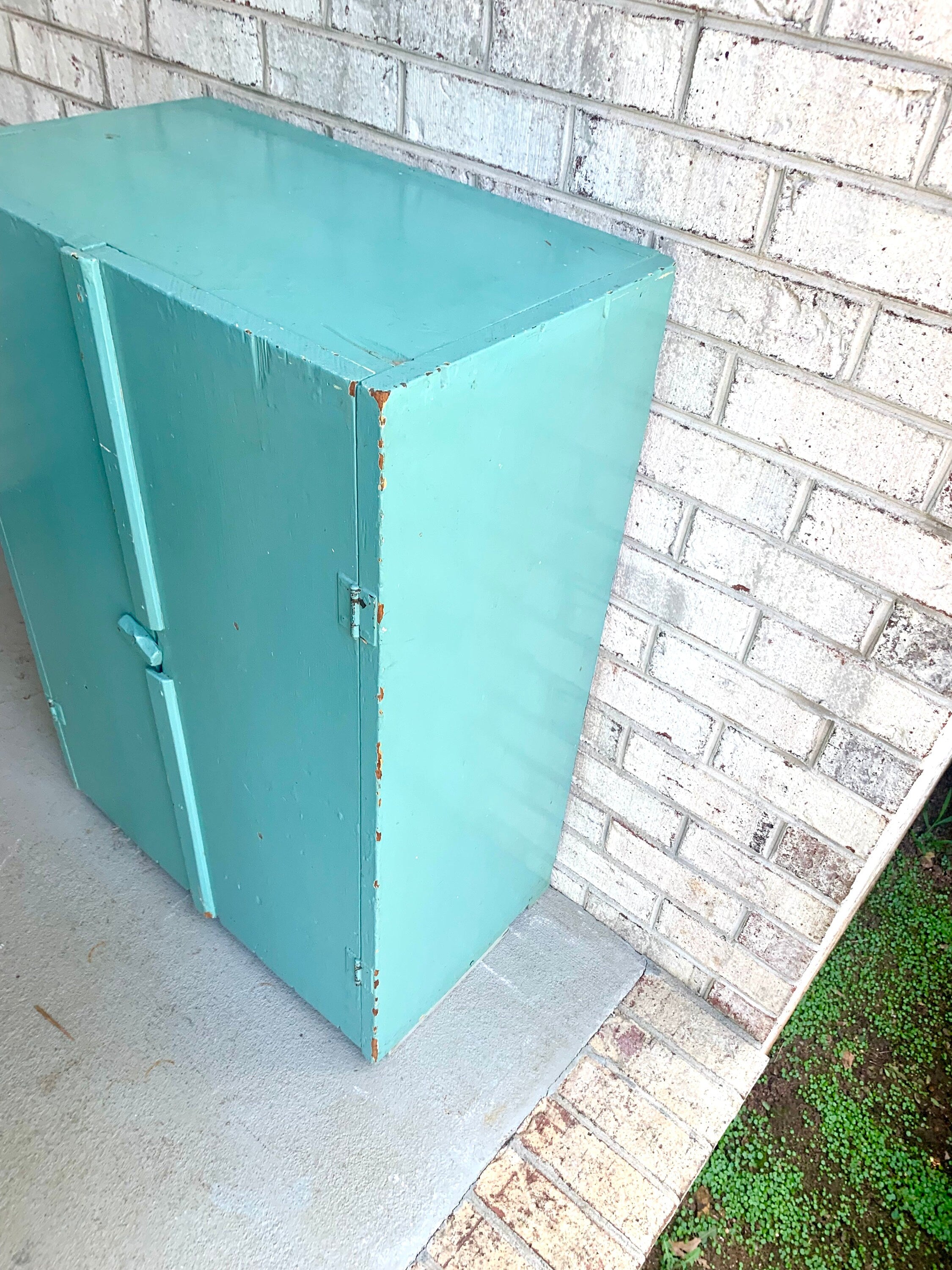 Primitive Wood Jelly Cabinet | Jelly Jar Cupboard | Rustic Turquoise Wood Pie Safe | Distressed Side Board Cabinet | Rustic Liquor Cabinet