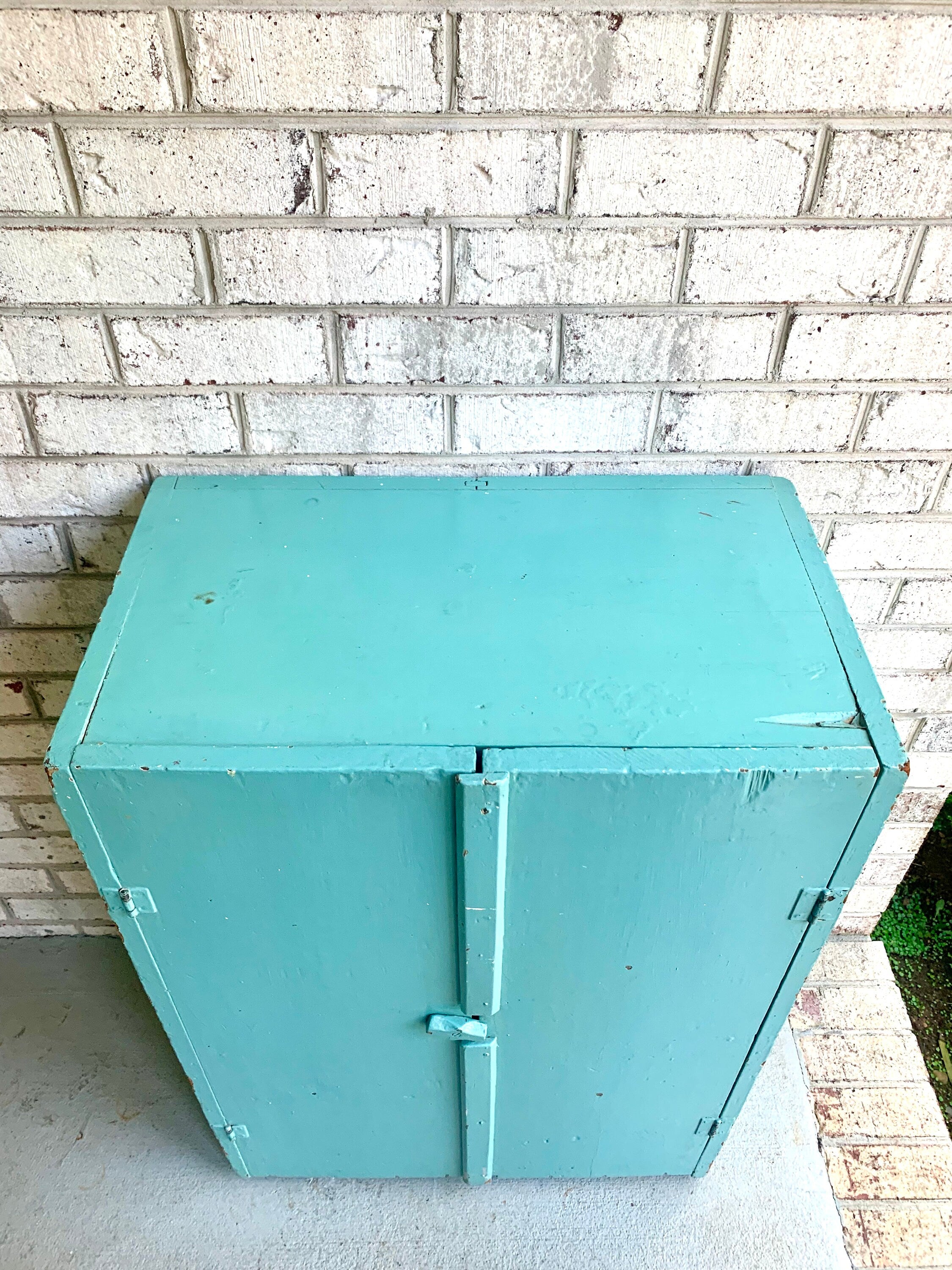 Primitive Wood Jelly Cabinet | Jelly Jar Cupboard | Rustic Turquoise Wood Pie Safe | Distressed Side Board Cabinet | Rustic Liquor Cabinet