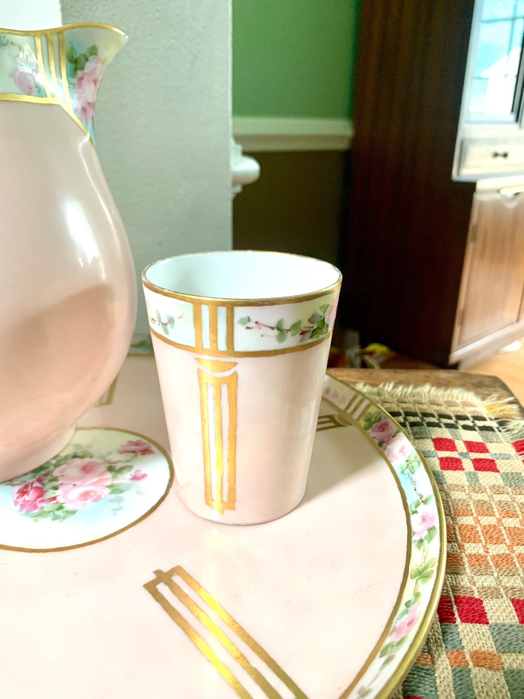 Vtg W.G.& Co. Limoges France Bedside Set | Hand Painted William Guerin Limoges | Art Deco Limoges Tray, Pitcher, Cup and Candleholder