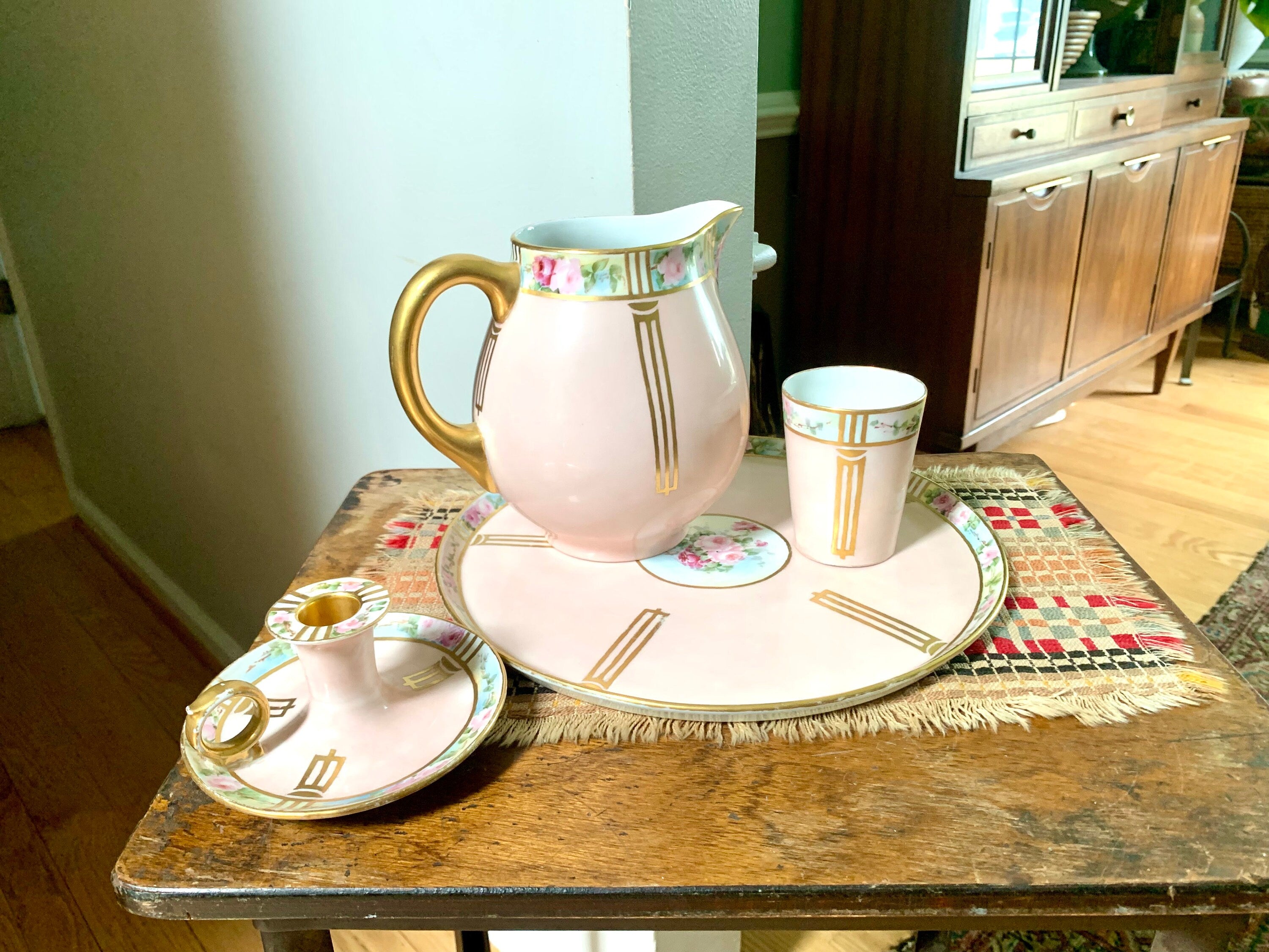 Vtg W.G.& Co. Limoges France Bedside Set | Hand Painted William Guerin Limoges | Art Deco Limoges Tray, Pitcher, Cup and Candleholder
