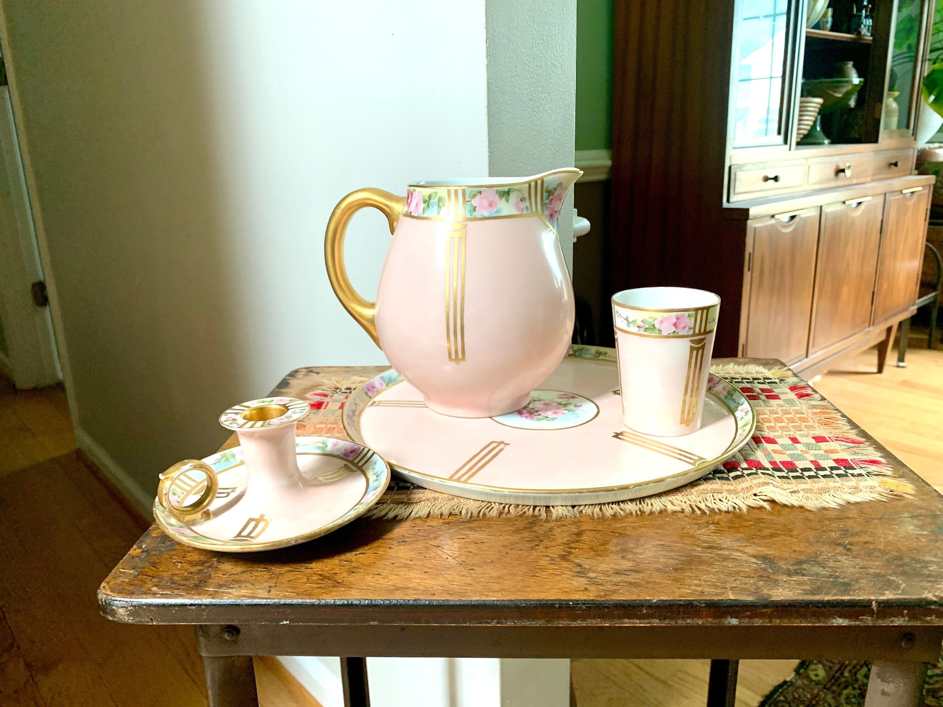 Vtg W.G.& Co. Limoges France Bedside Set | Hand Painted William Guerin Limoges | Art Deco Limoges Tray, Pitcher, Cup and Candleholder