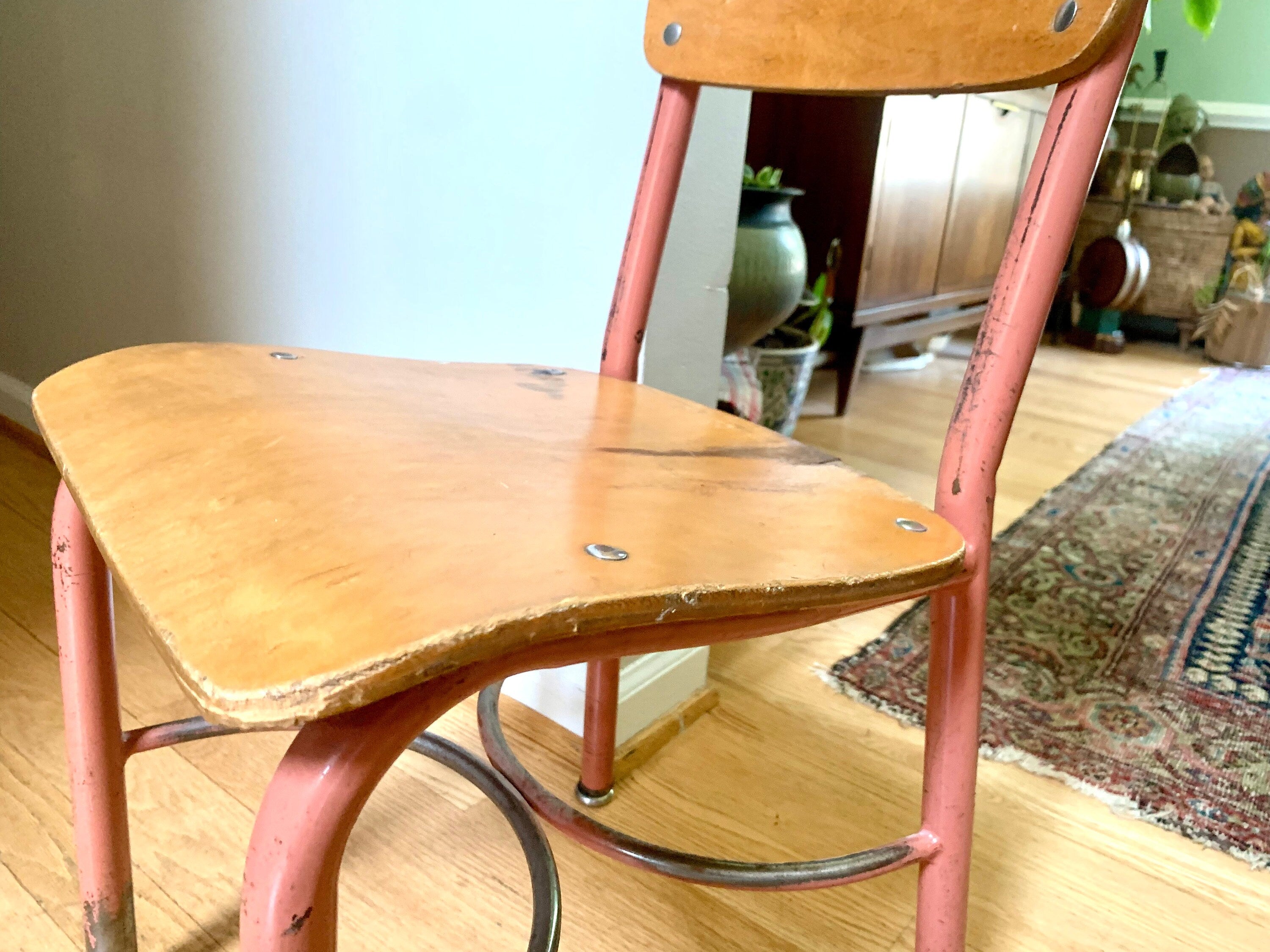 Vtg Heywood Wakefield Chair | Shabby Chic Metal School Chair | Chippy Paint Child's Seat | Pink Kid's Chair| Rustic Industrial Decor
