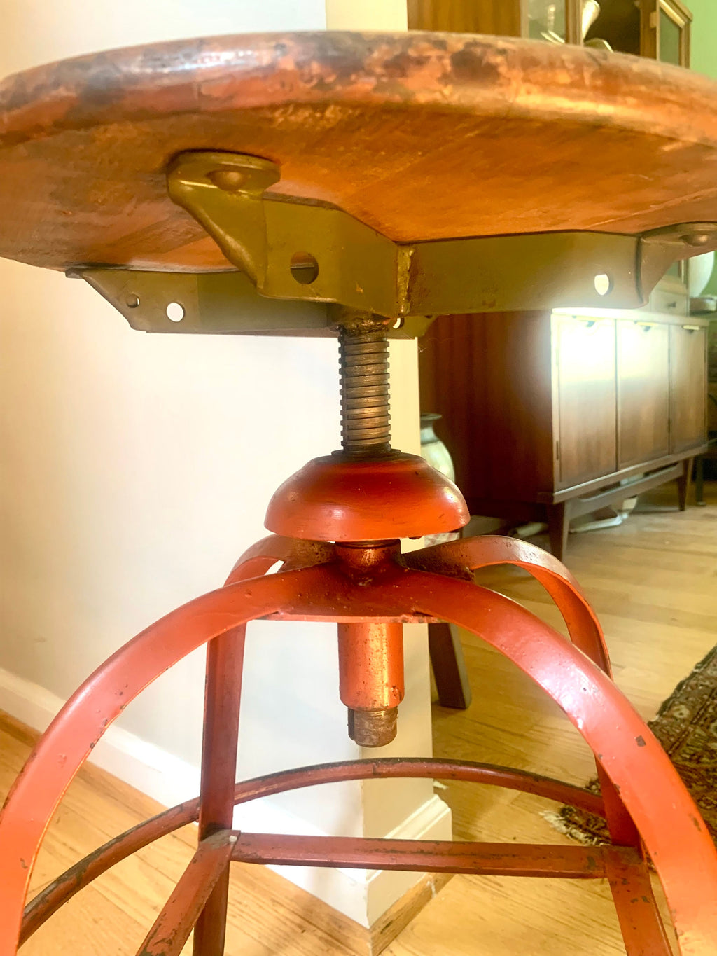 Vintage Industrial Metal Stool | Parent Metal Products Stool With Wood Top | Industrial Factory Stool | Red Metal Factory Stool