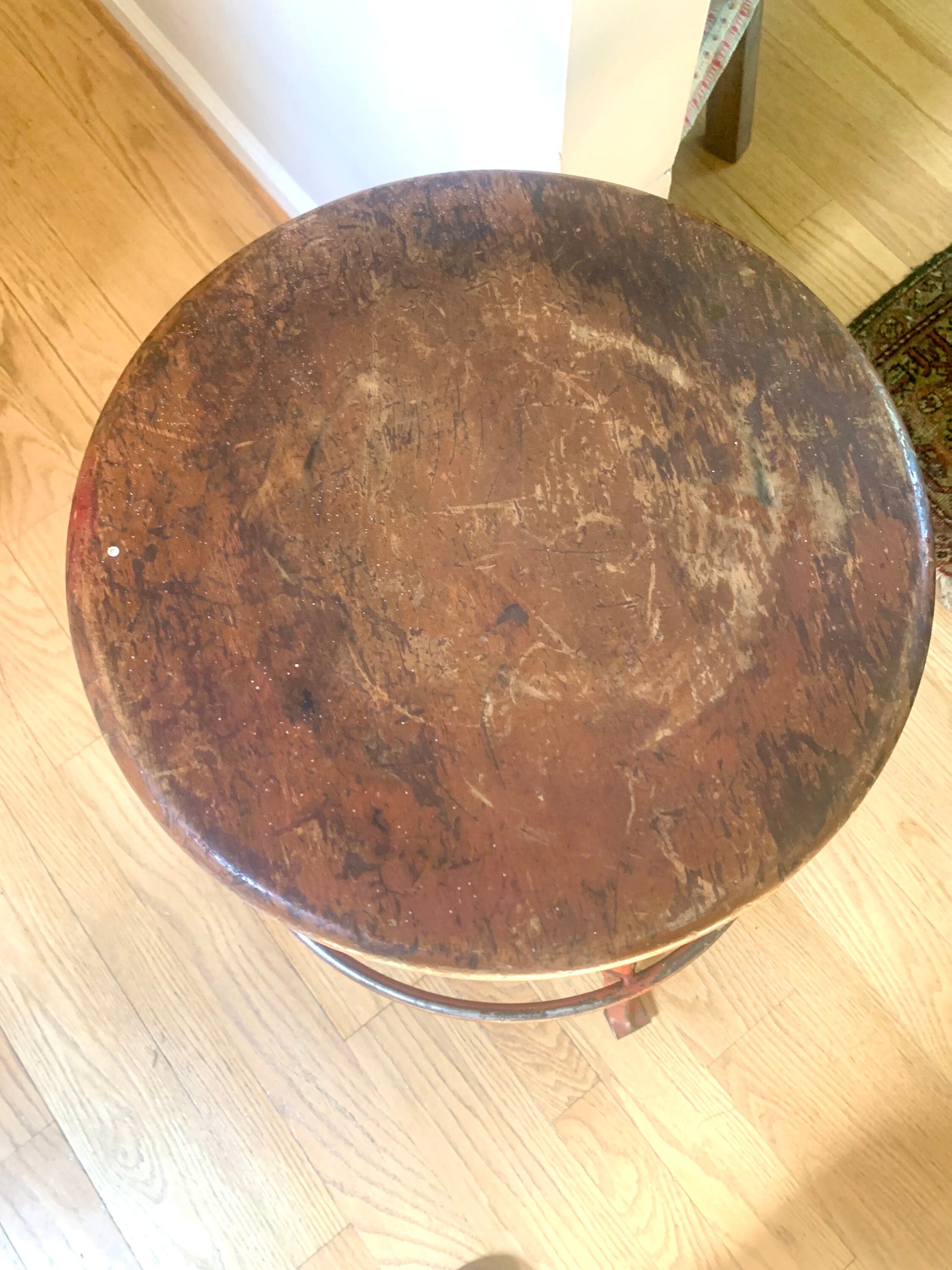 Vintage Industrial Metal Stool | Parent Metal Products Stool With Wood Top | Industrial Factory Stool | Red Metal Factory Stool