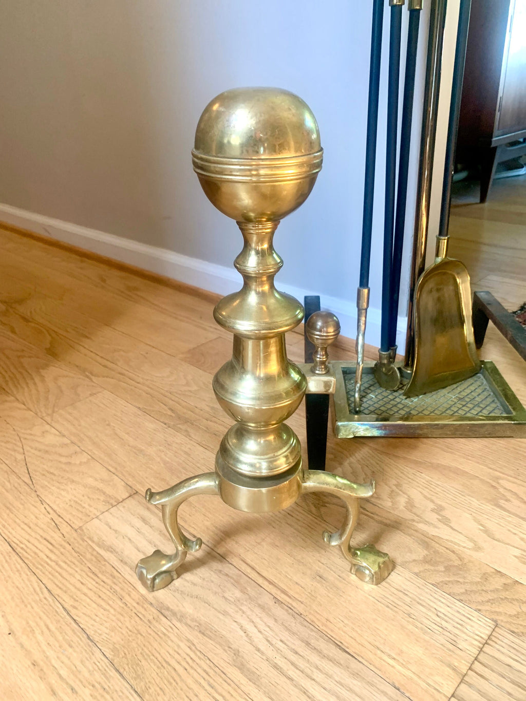 Harvin Co. Andirons and Fireplace Tool Set | Brass Harvin Fireplace Set | Claw Foot Brass Firedogs | Cannonball Brass Andirons & Tools