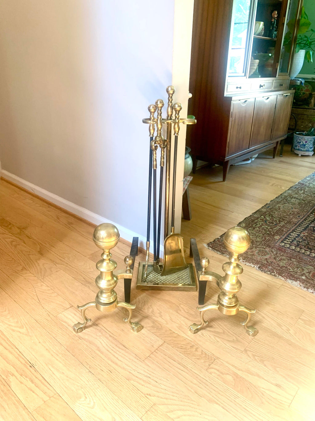 Harvin Co. Andirons and Fireplace Tool Set | Brass Harvin Fireplace Set | Claw Foot Brass Firedogs | Cannonball Brass Andirons & Tools