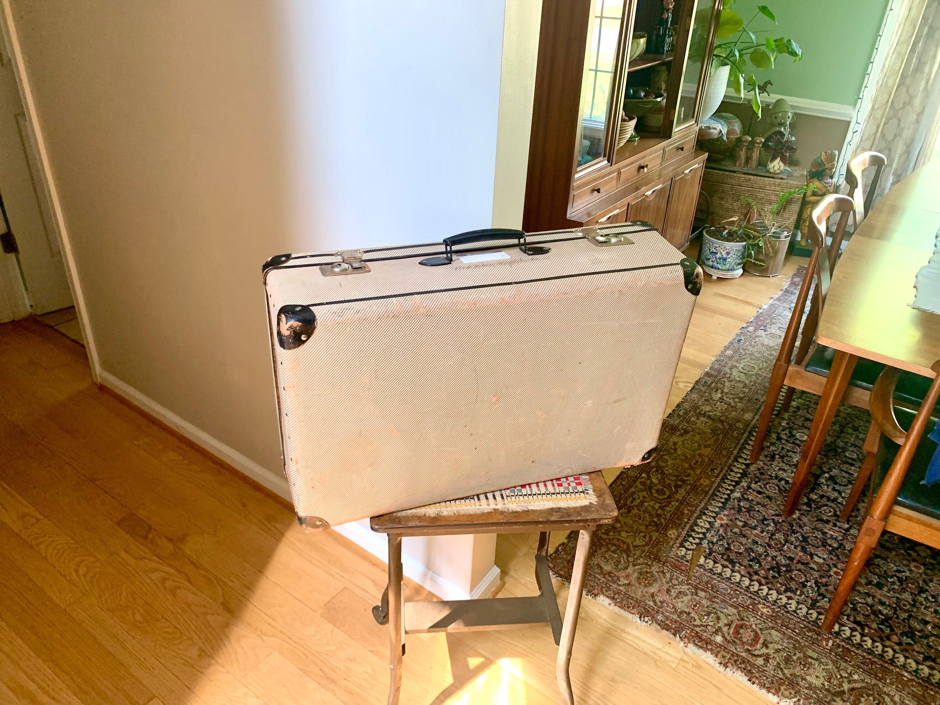 Vintage Suitcase | Hardshell Suitcase | Distressed Display Suitcase | Rustic Storage | Tan Case with Corner Protectors