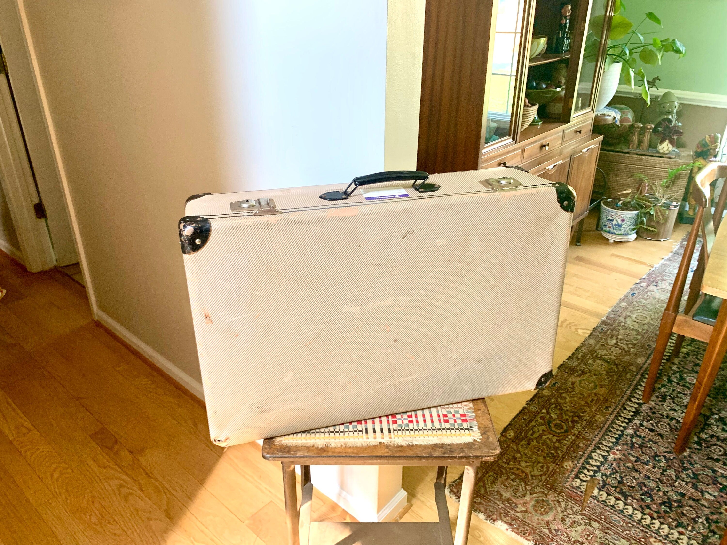 Vintage Suitcase | Hardshell Suitcase | Distressed Display Suitcase | Rustic Storage | Tan Case with Corner Protectors