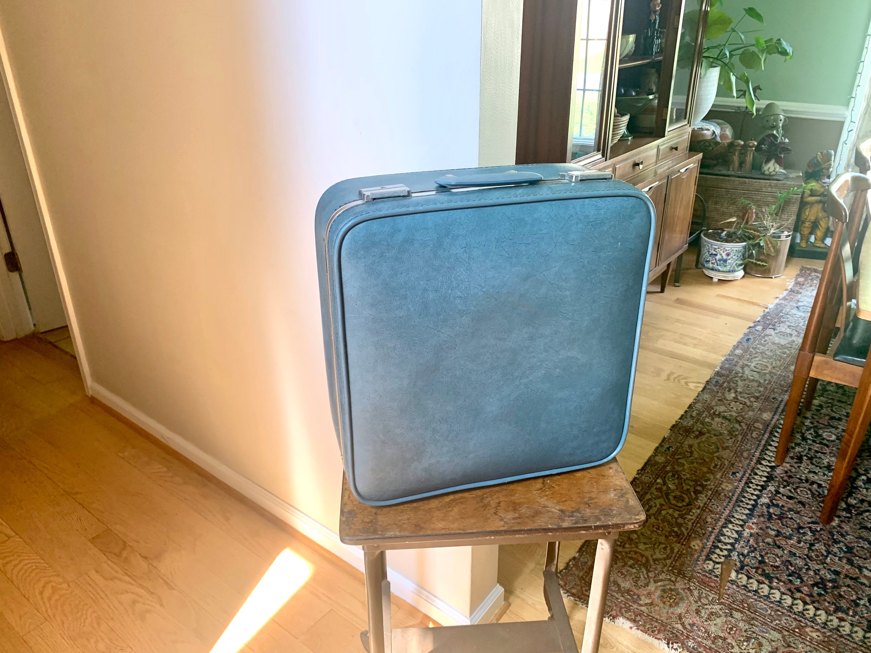 Vintage Square Blue Hardshell Suitcase | Mid Century Skyway Vinyl Travel Case | Mid Century Skyway Suitcase | 60's Travel Case | Weekender Bag