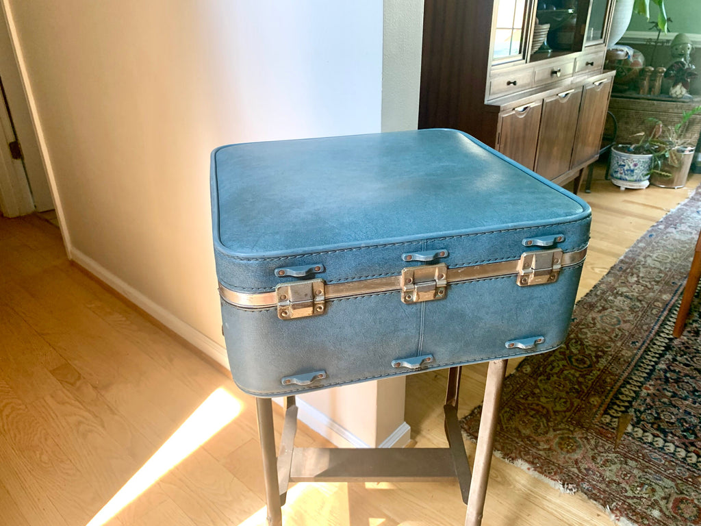 Vintage Square Blue Hardshell Suitcase | Mid Century Skyway Vinyl Travel Case | Mid Century Skyway Suitcase | 60's Travel Case | Weekender Bag