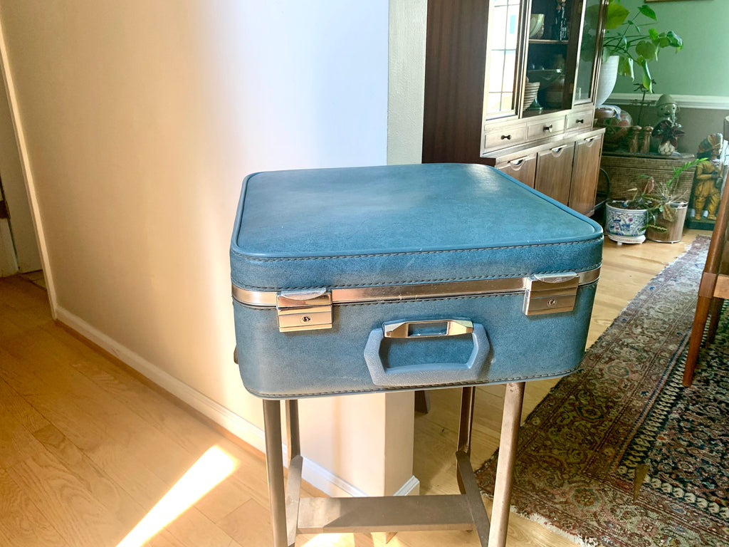 Vintage Square Blue Hardshell Suitcase | Mid Century Skyway Vinyl Travel Case | Mid Century Skyway Suitcase | 60's Travel Case | Weekender Bag