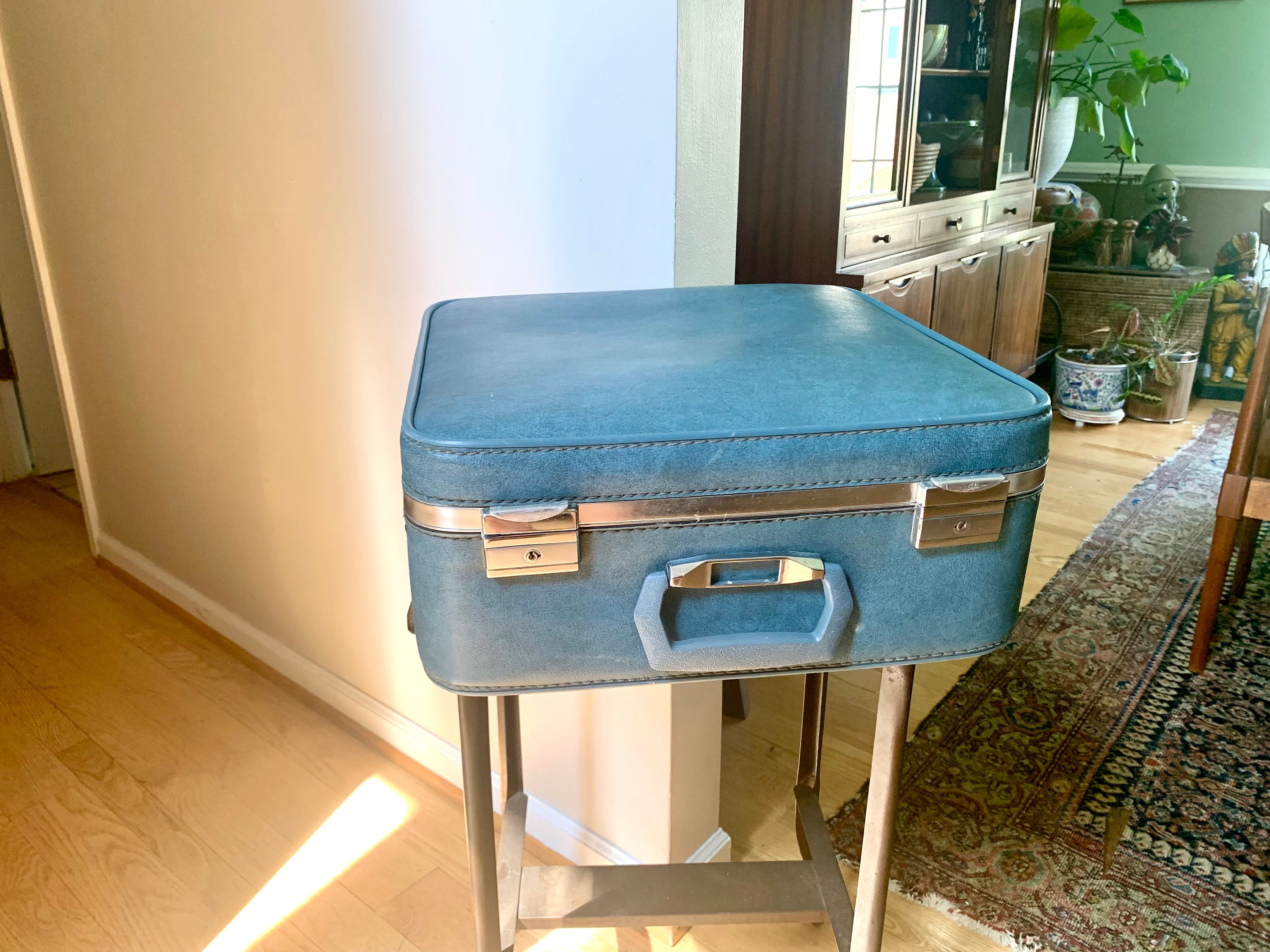 Vintage Square Blue Hardshell Suitcase | Mid Century Skyway Vinyl Travel Case | Mid Century Skyway Suitcase | 60's Travel Case | Weekender Bag