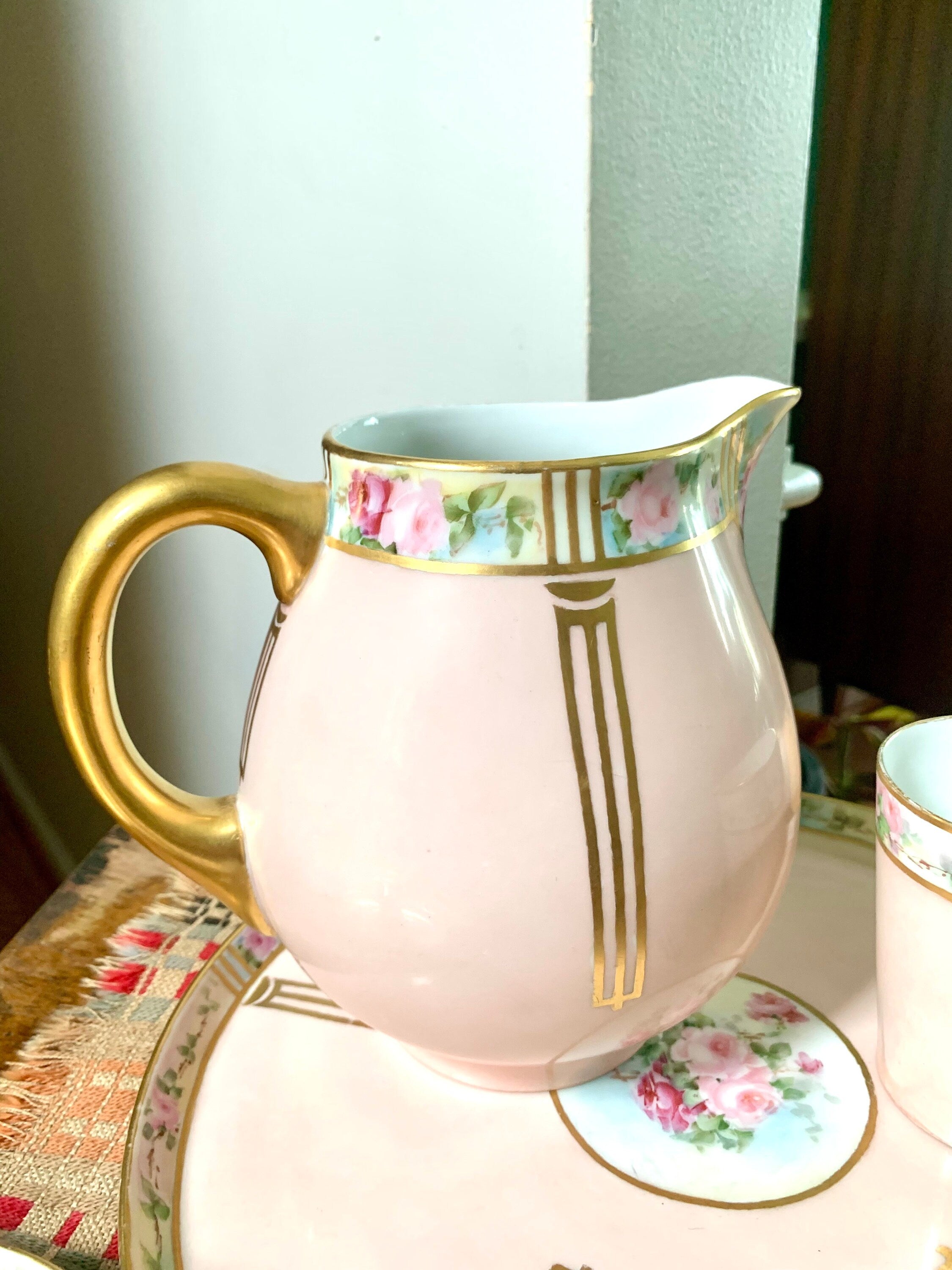 Vtg W.G.& Co. Limoges France Bedside Set | Hand Painted William Guerin Limoges | Art Deco Limoges Tray, Pitcher, Cup and Candleholder