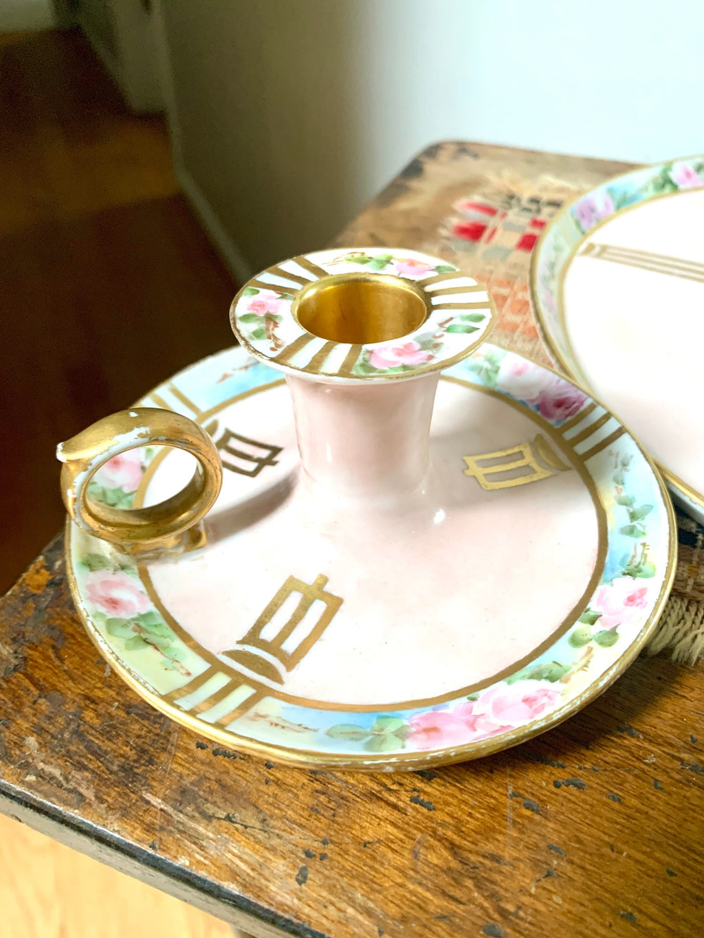 Vtg W.G.& Co. Limoges France Bedside Set | Hand Painted William Guerin Limoges | Art Deco Limoges Tray, Pitcher, Cup and Candleholder