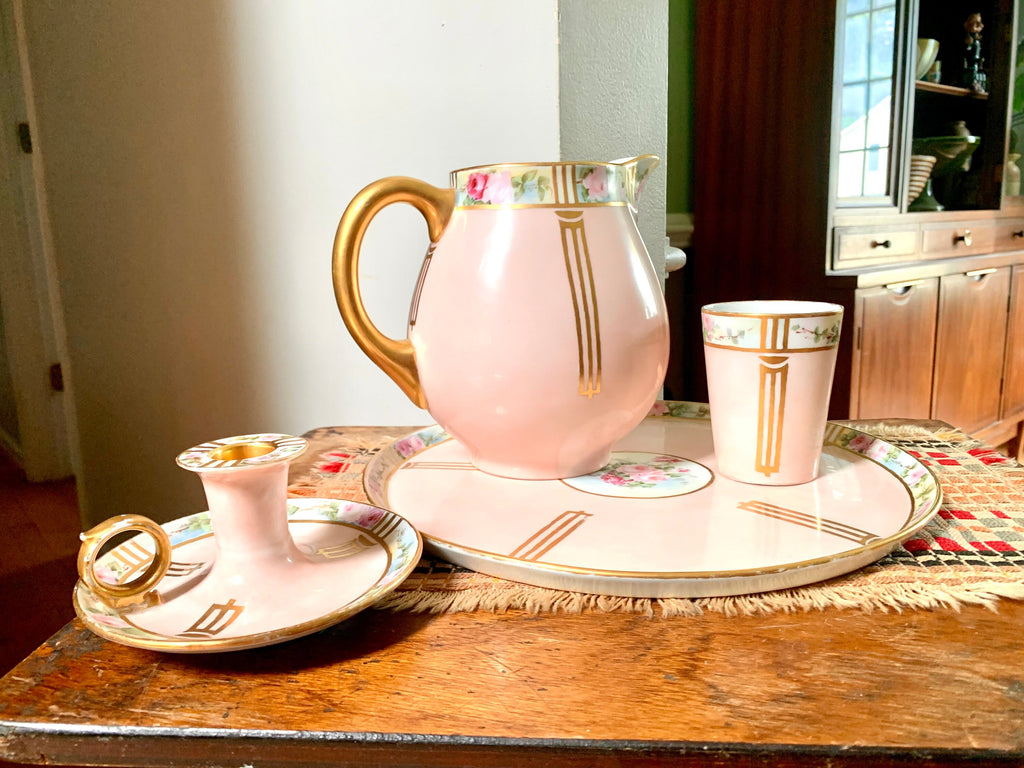 Vtg W.G.& Co. Limoges France Bedside Set | Hand Painted William Guerin Limoges | Art Deco Limoges Tray, Pitcher, Cup and Candleholder