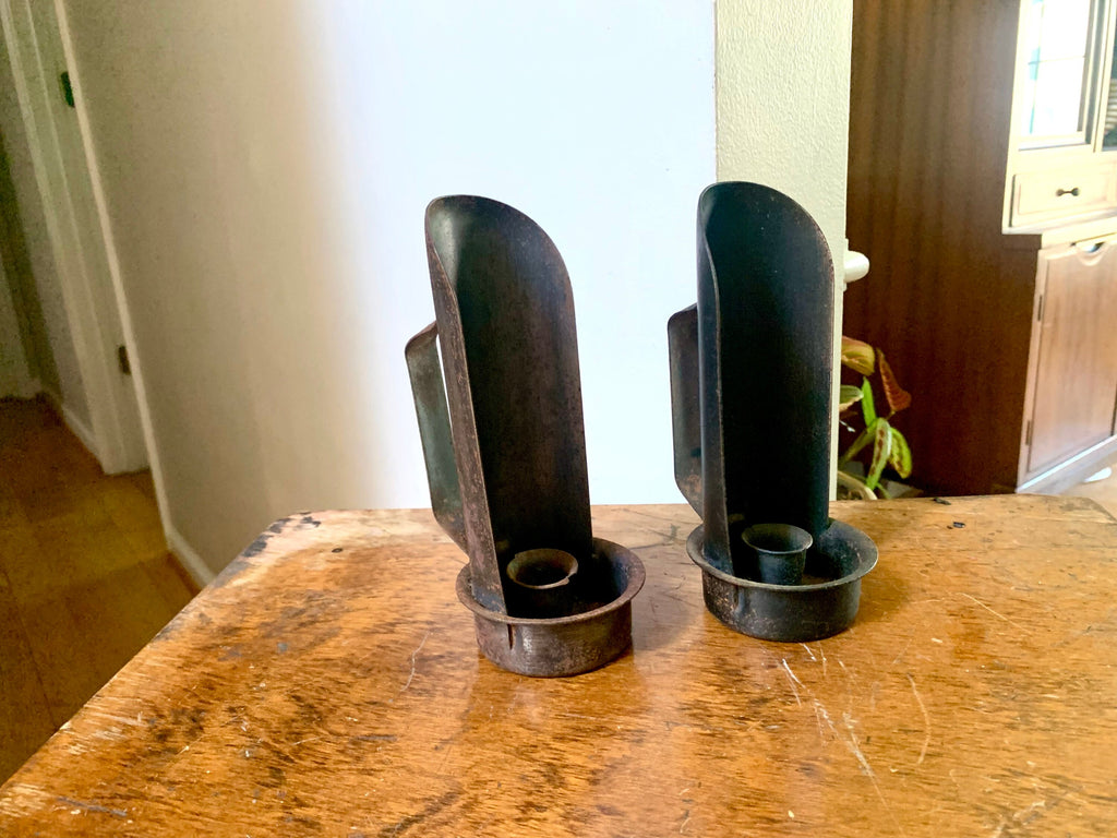 Pair of 2 Rustic Candleholders | Primitive Candleholders | Rustic Wall or Table Top Candleholders | Handheld Candlestick Holders