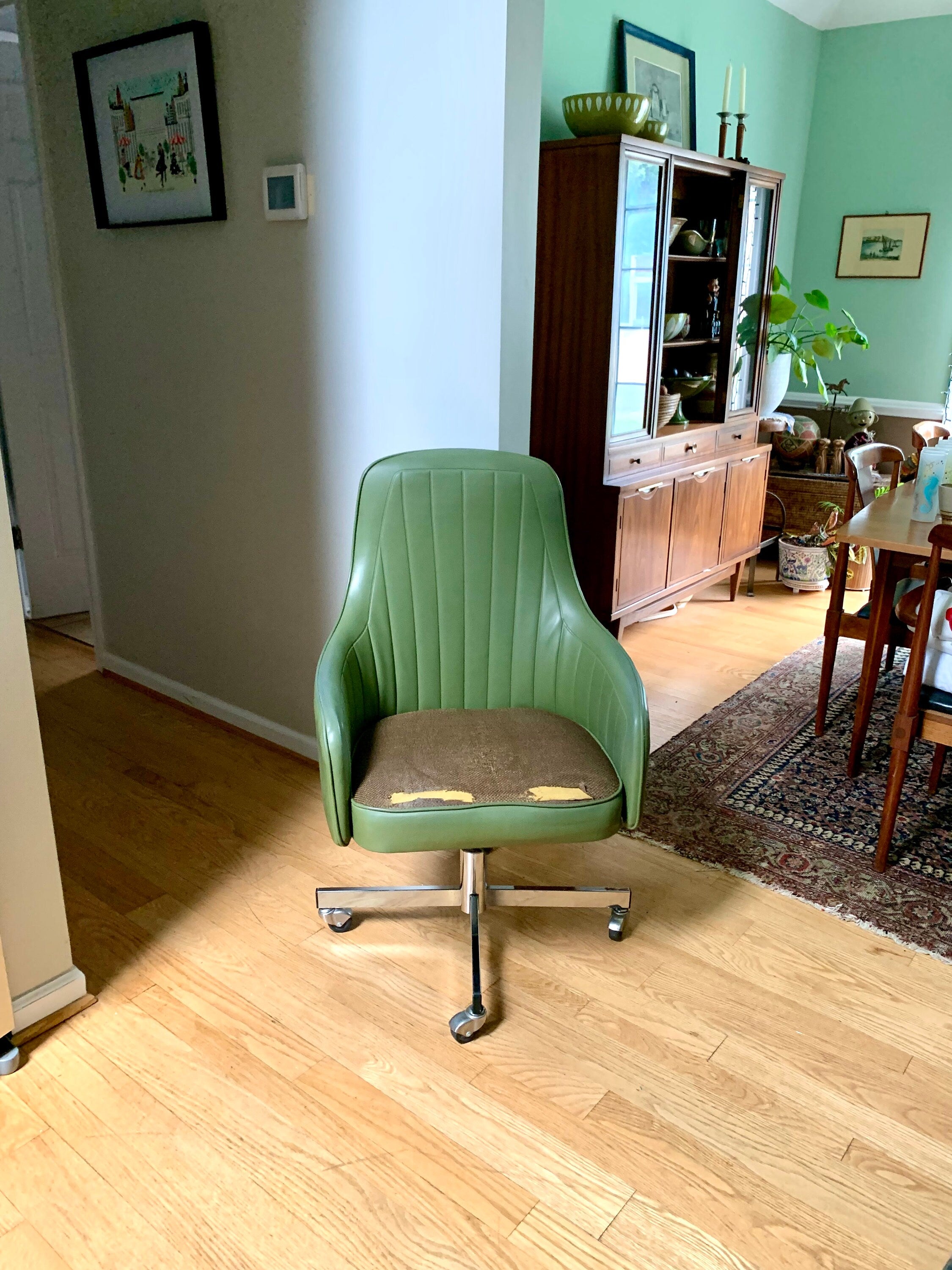 Mid Century Modern Swivel Rolling Chair | Jansko Olive Green Desk Chair | MCM Vinyl High Back Chair | Green Vinyl Modern Office Chair