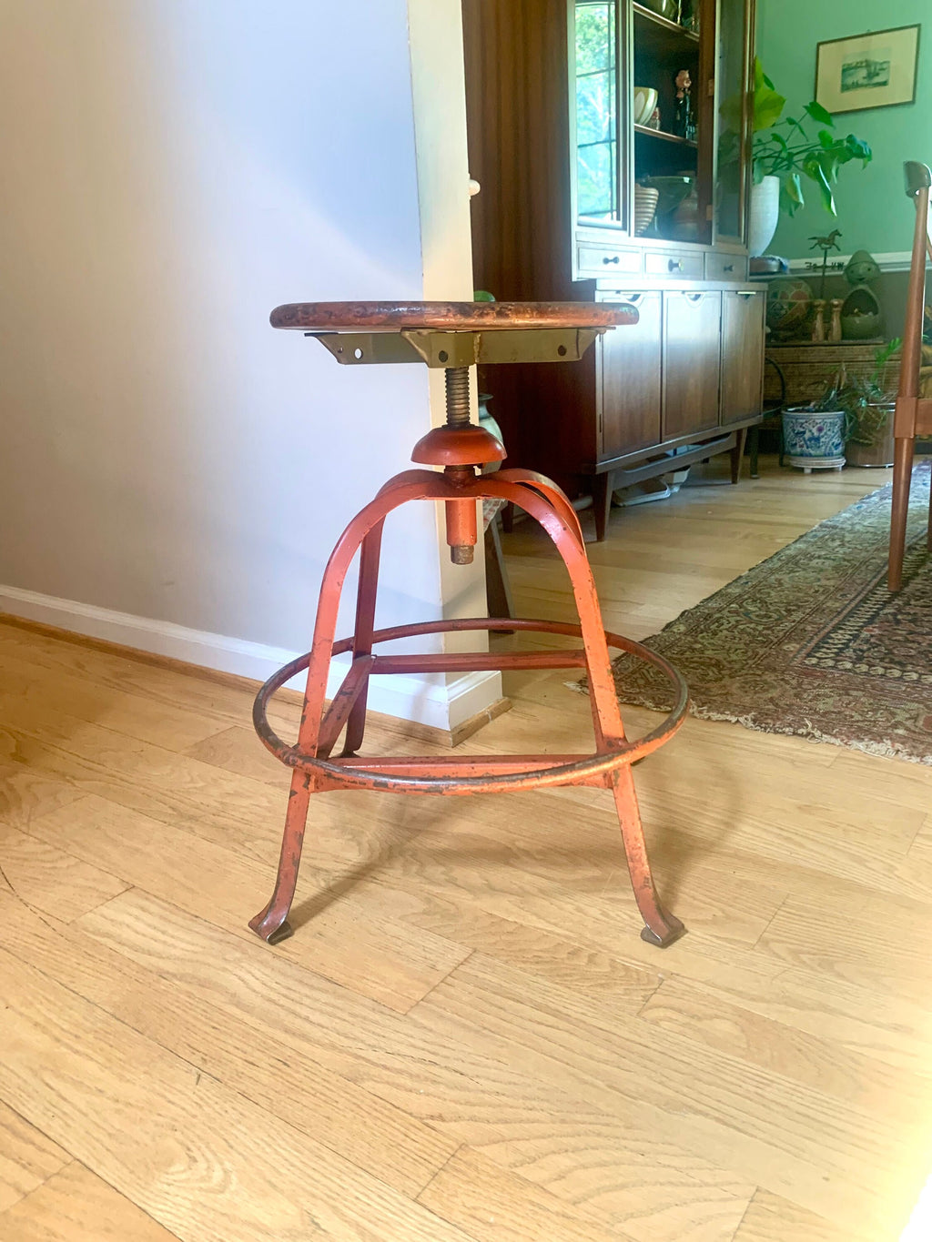 Vintage Industrial Metal Stool | Parent Metal Products Stool With Wood Top | Industrial Factory Stool | Red Metal Factory Stool