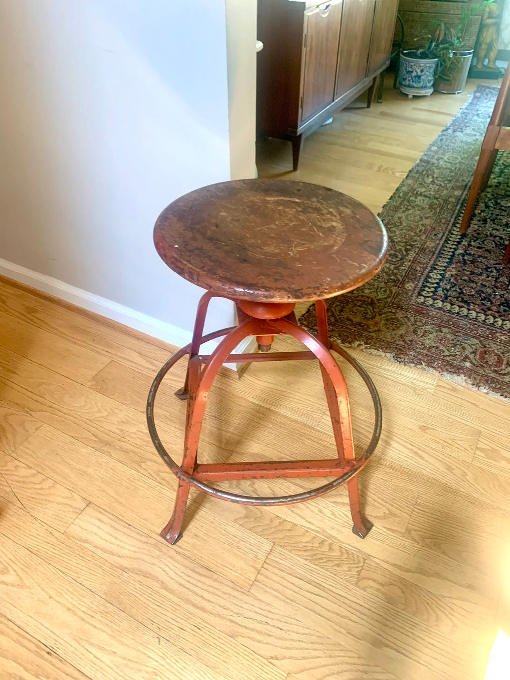 Vintage Industrial Metal Stool | Parent Metal Products Stool With Wood Top | Industrial Factory Stool | Red Metal Factory Stool