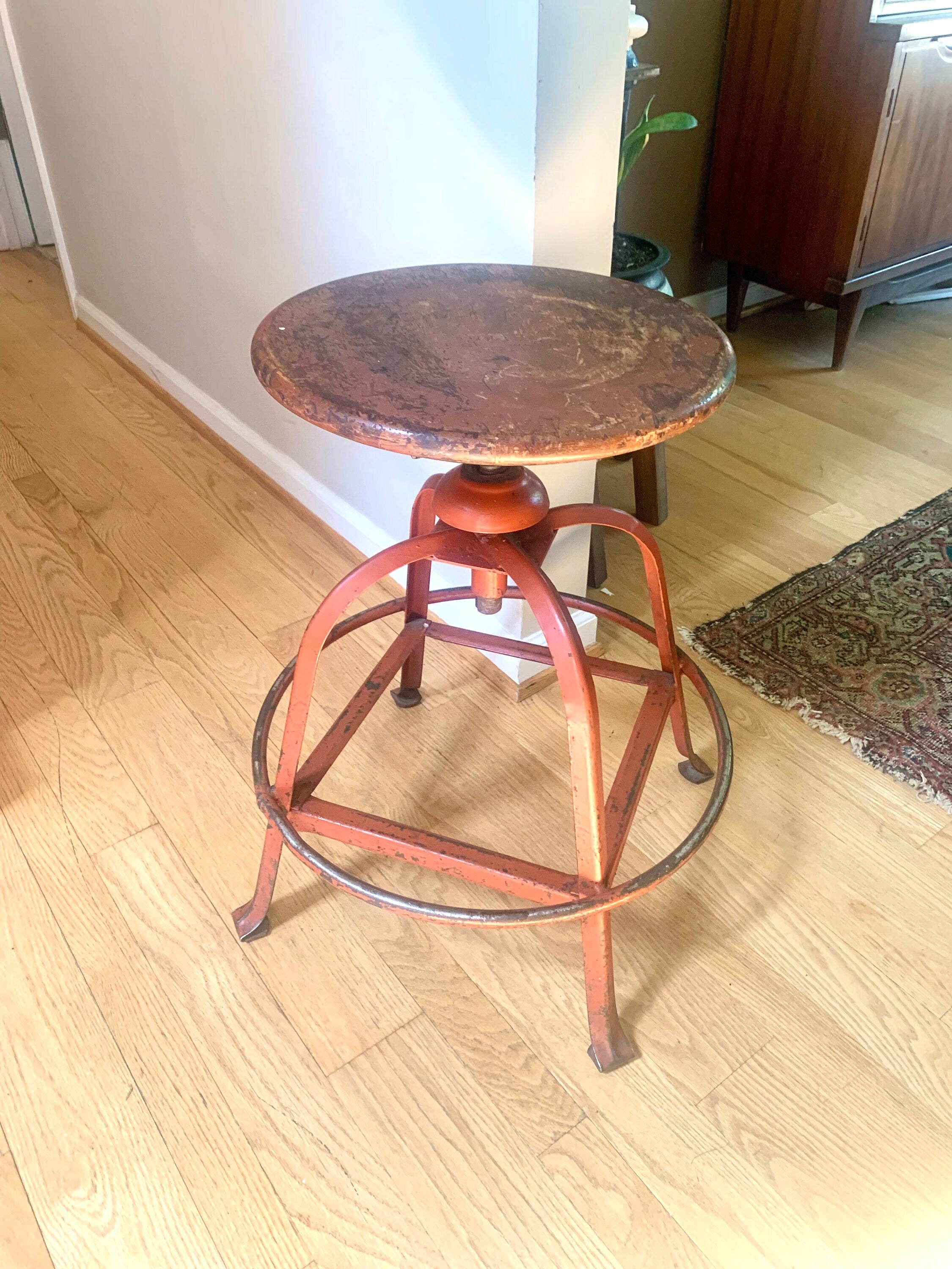 Vintage Industrial Metal Stool | Parent Metal Products Stool With Wood Top | Industrial Factory Stool | Red Metal Factory Stool
