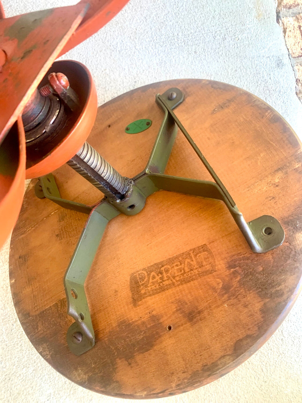 Vintage Industrial Metal Stool | Parent Metal Products Stool With Wood Top | Industrial Factory Stool | Red Metal Factory Stool