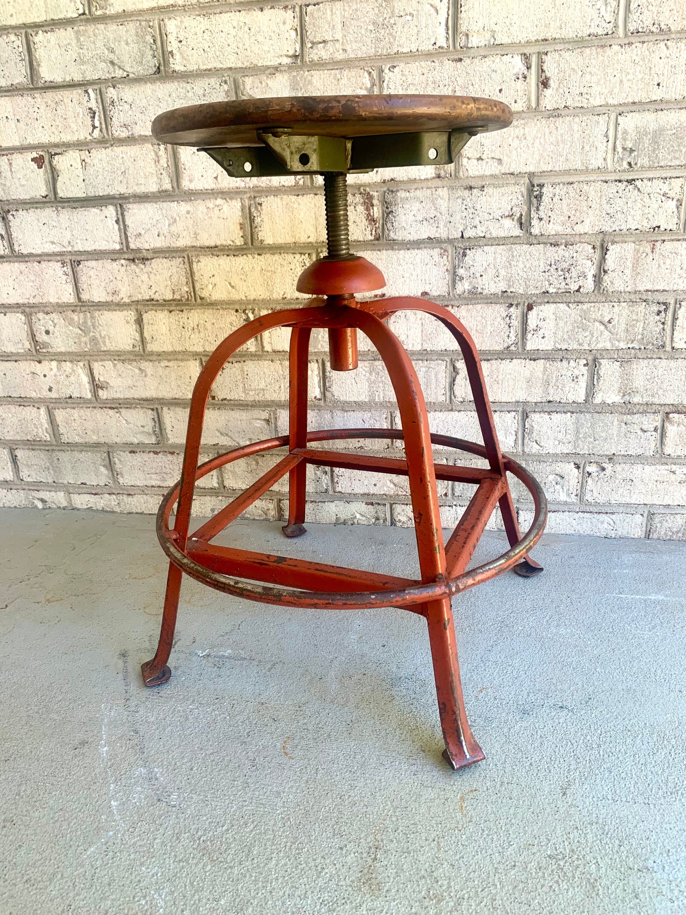 Vintage Industrial Metal Stool | Parent Metal Products Stool With Wood Top | Industrial Factory Stool | Red Metal Factory Stool