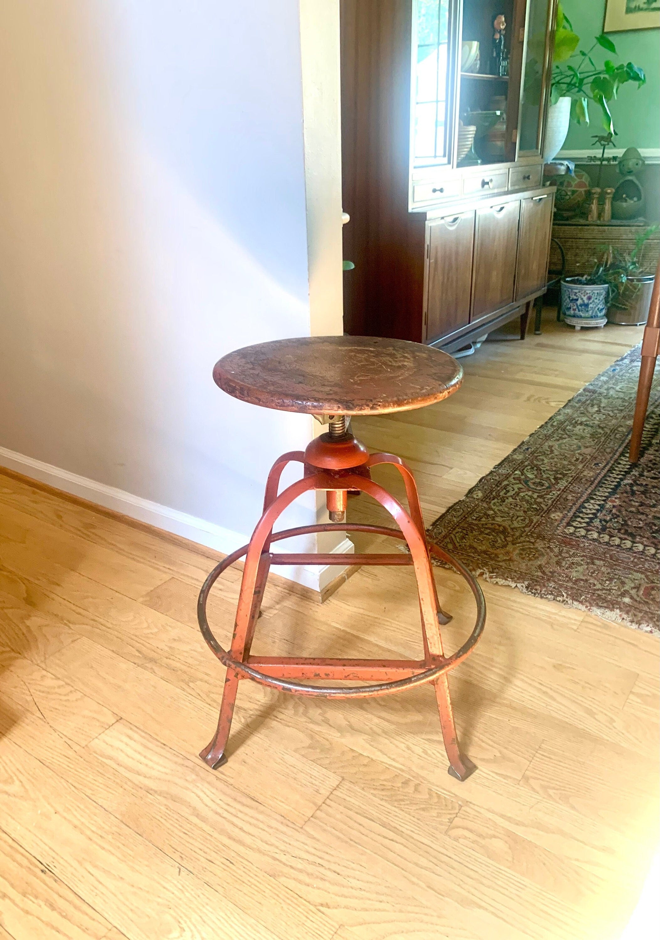 Vintage Industrial Metal Stool | Parent Metal Products Stool With Wood Top | Industrial Factory Stool | Red Metal Factory Stool